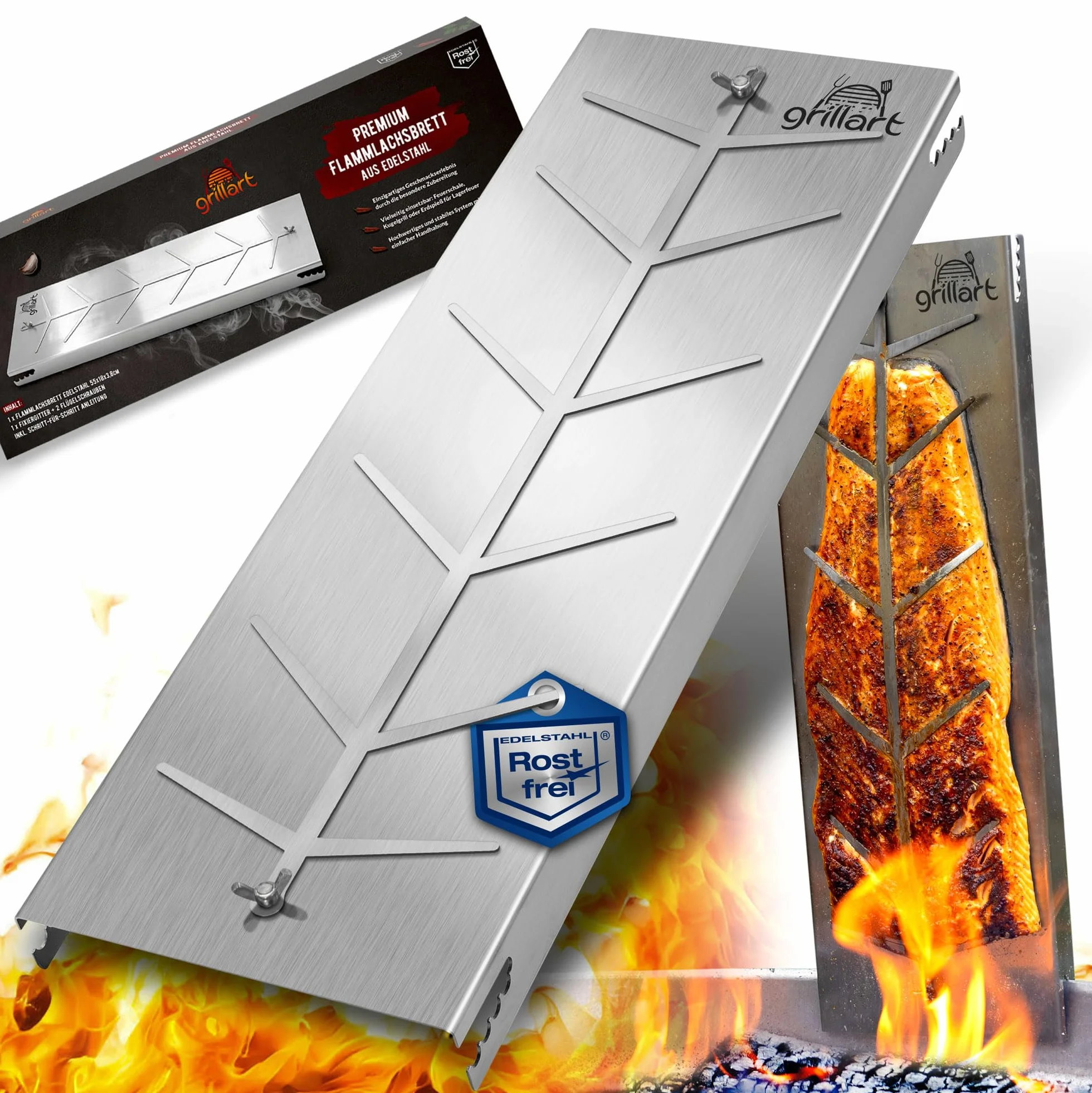 grillart® Deska do wędzenia łososia premium z uchwytem ze stali nierdzewnej (stal nierdzewna)