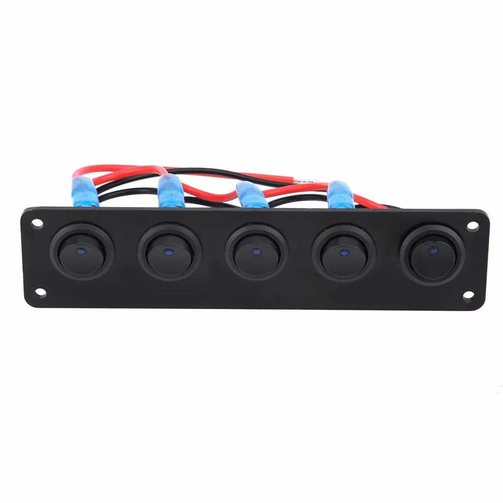 Keenso Panel przełącznika kołyskowego 12 V / 24 V, wodoodporny, 5 Gwintowany okrągły przełącznik Dash Blue LED do kampera, łodzi, jachtu morskiego, 12 V, gniazdko elektryczne