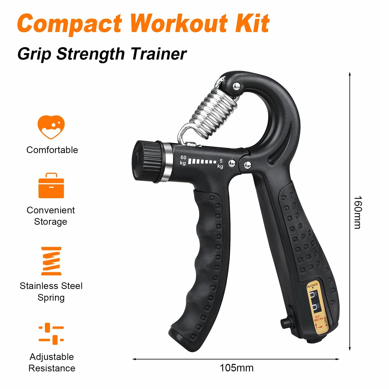 GRIFEMA GA5003 Hand Grip, Regulowany Trener Dłoni 5-60kg z Funkcją Licznika, do Treningu Uchwyty, Czarny