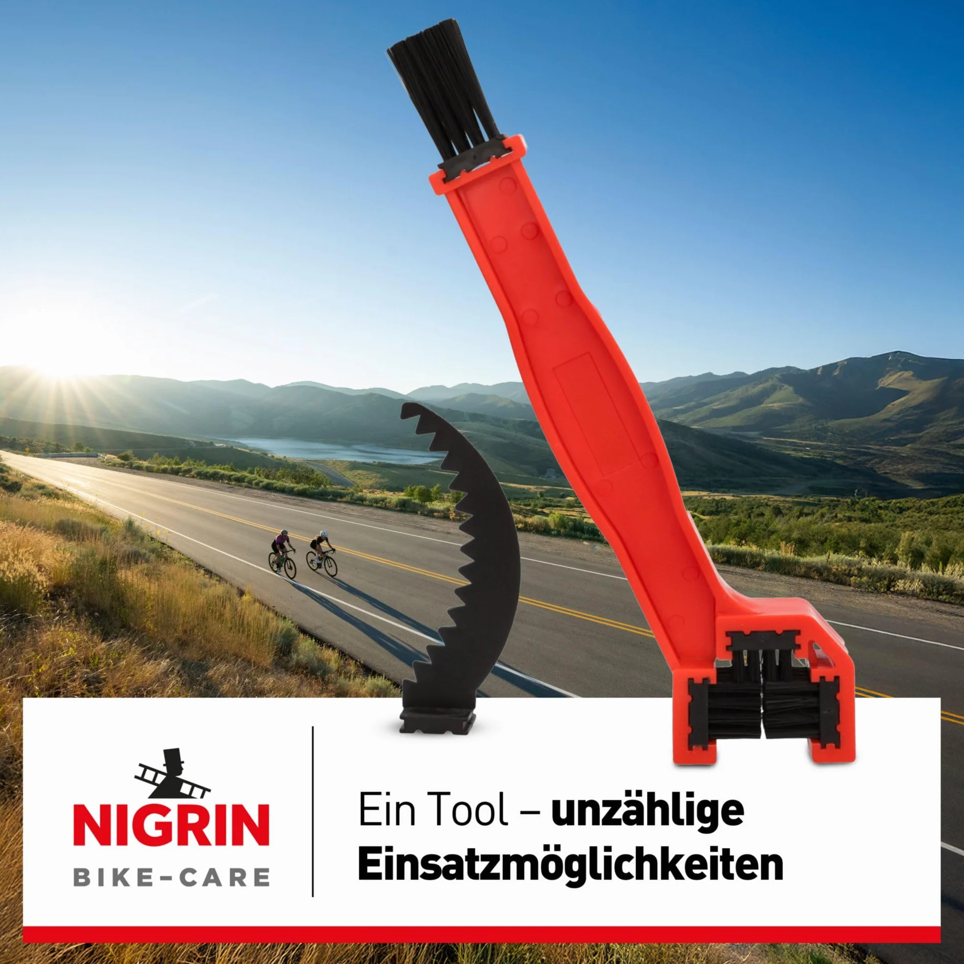 NIGRIN Szczotka do czyszczenia łańcucha rowerowego, 3 w 1, narzędzie wielofunkcyjne, do czyszczenia łańcuchów, zębatek, przerzutek, łatwa wymiana, czarna, czerwona, 1 sztuka