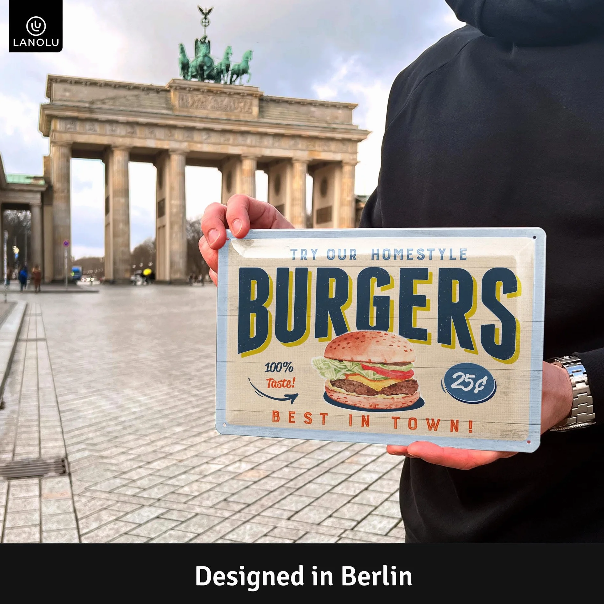 LANOLU Blaszane tabliczki w stylu retro do kuchni – Burgers – blaszana tabliczka grillowa – dekoracja retro vintage – miejsce na grill, ogród, bar, dekoracja kuchni – metalowe tabliczki 20 x 30 cm
