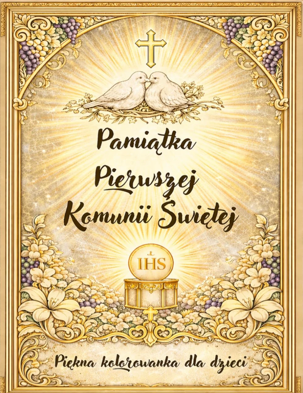 Pamiątka Pierwszej Komunii Świętej: Piękna kolorowanka dla dzieci – 30 bogato zdobionych ilustracji o tematyce komunijnej