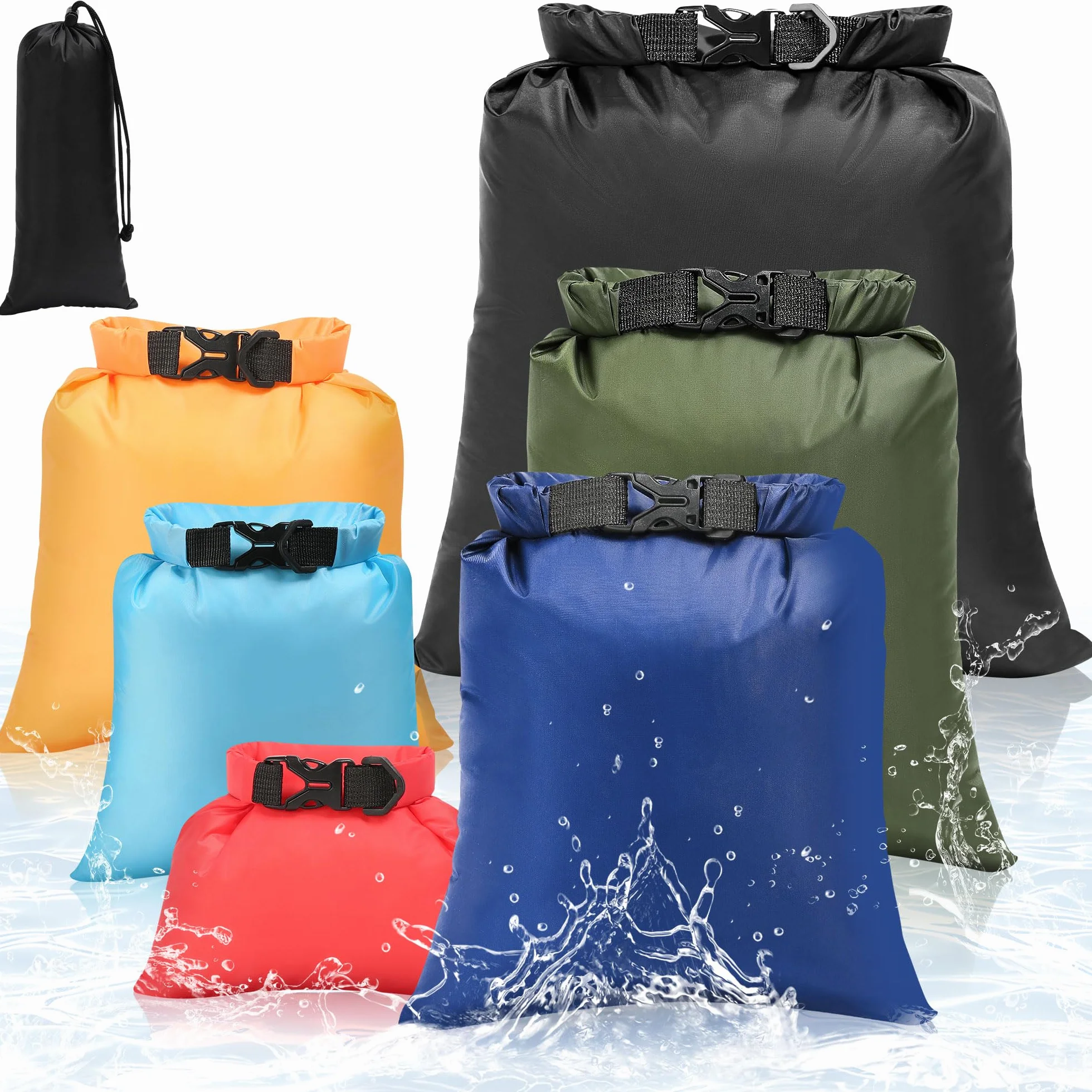 KUOGAS Zestaw toreb wodoodpornych Dry Bag, 6 toreb - 1,5l, 2,5l, 3l, 3,5l, 5l, 8l | Idealne na zewnątrz, sporty wodne i kemping | Ultralekkie i wytrzymałe, wielokolorowe, outdoor