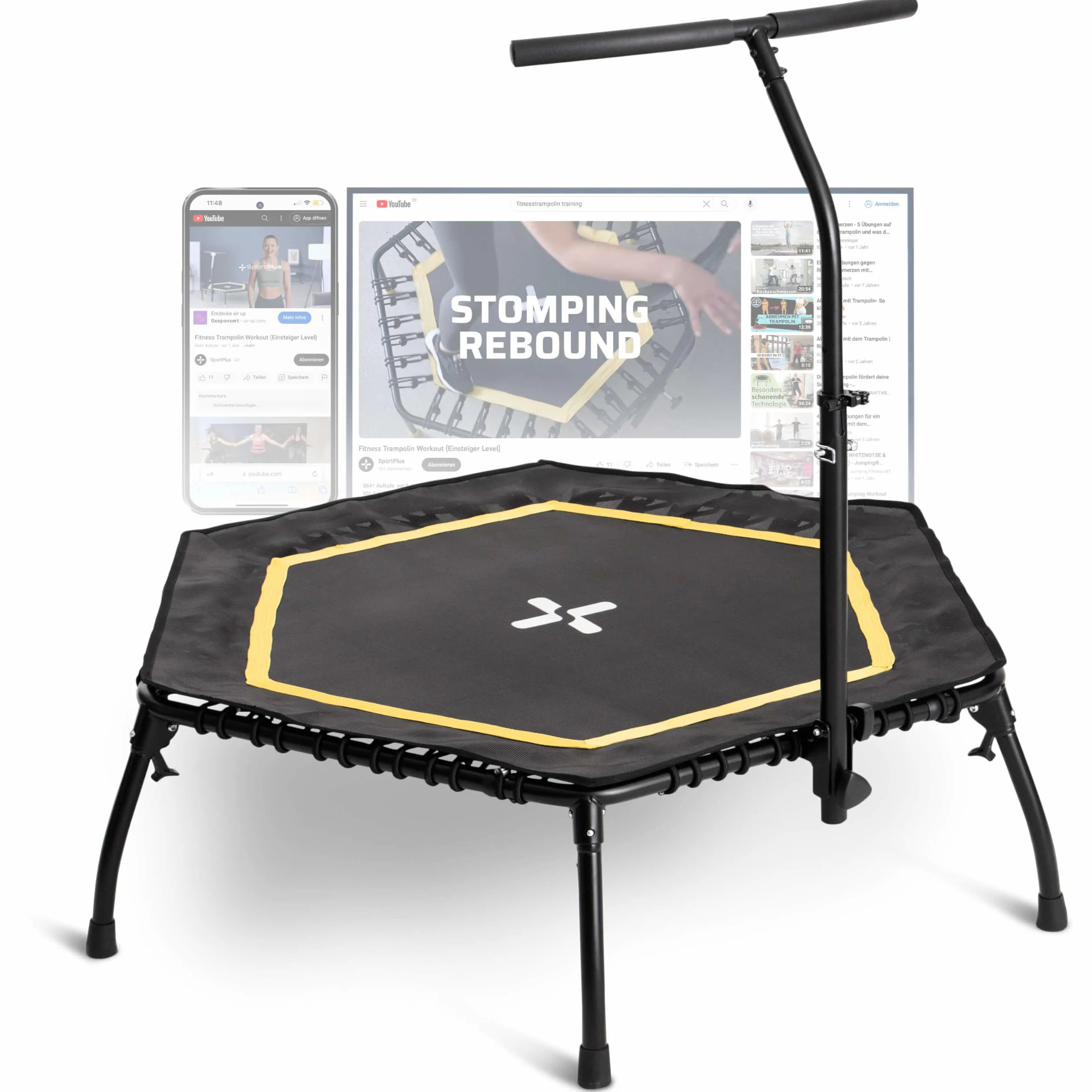 SportPlus Domowa trampolina fitness z drążkiem podpierającym, regulowana do 5 poziomów, miękka gumowa sprężyna, do 130 kg
