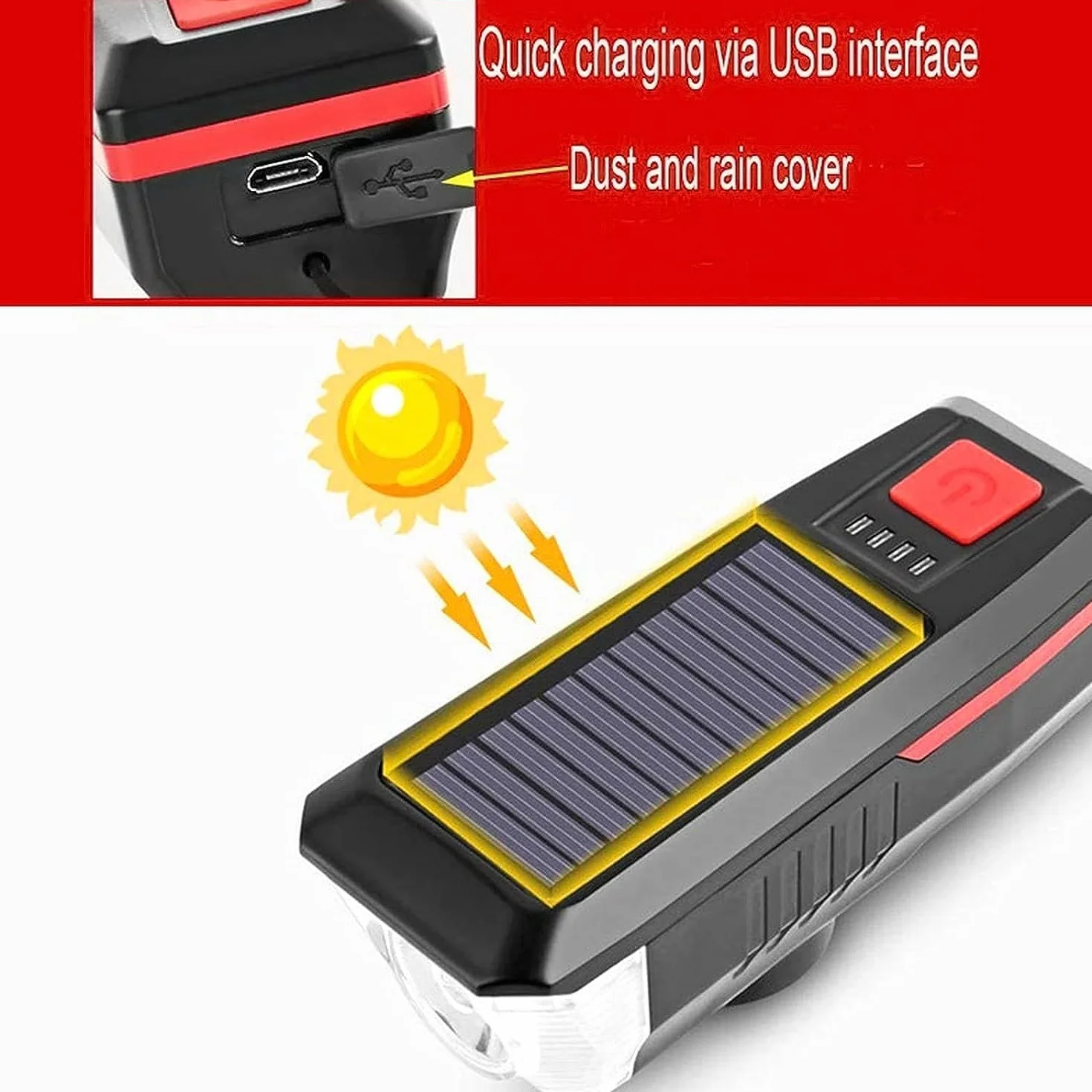 Światło przednie do roweru, zasilanie energią słoneczną, 3 tryby pracy, reflektor LED i wodoszczelny dzwonek, ładowanie przez USB, idealne do rowerów szosowych i górskich