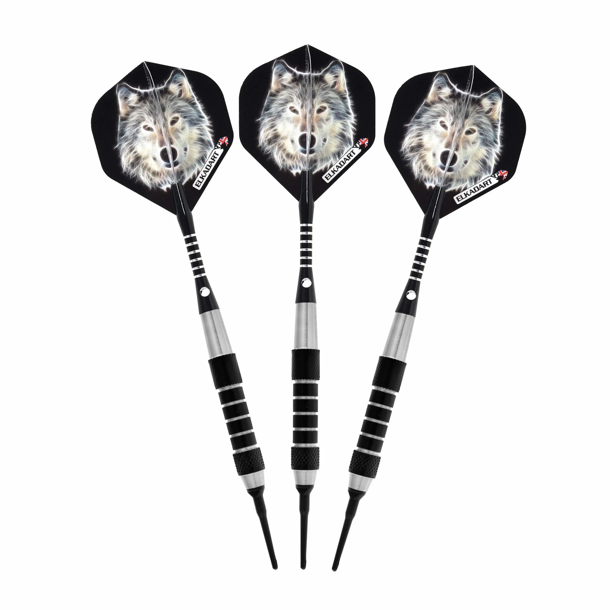 Elkadart Lotki Lone Wolf Soft Tip Darts 16 g srebrne czarne futerał podróżny