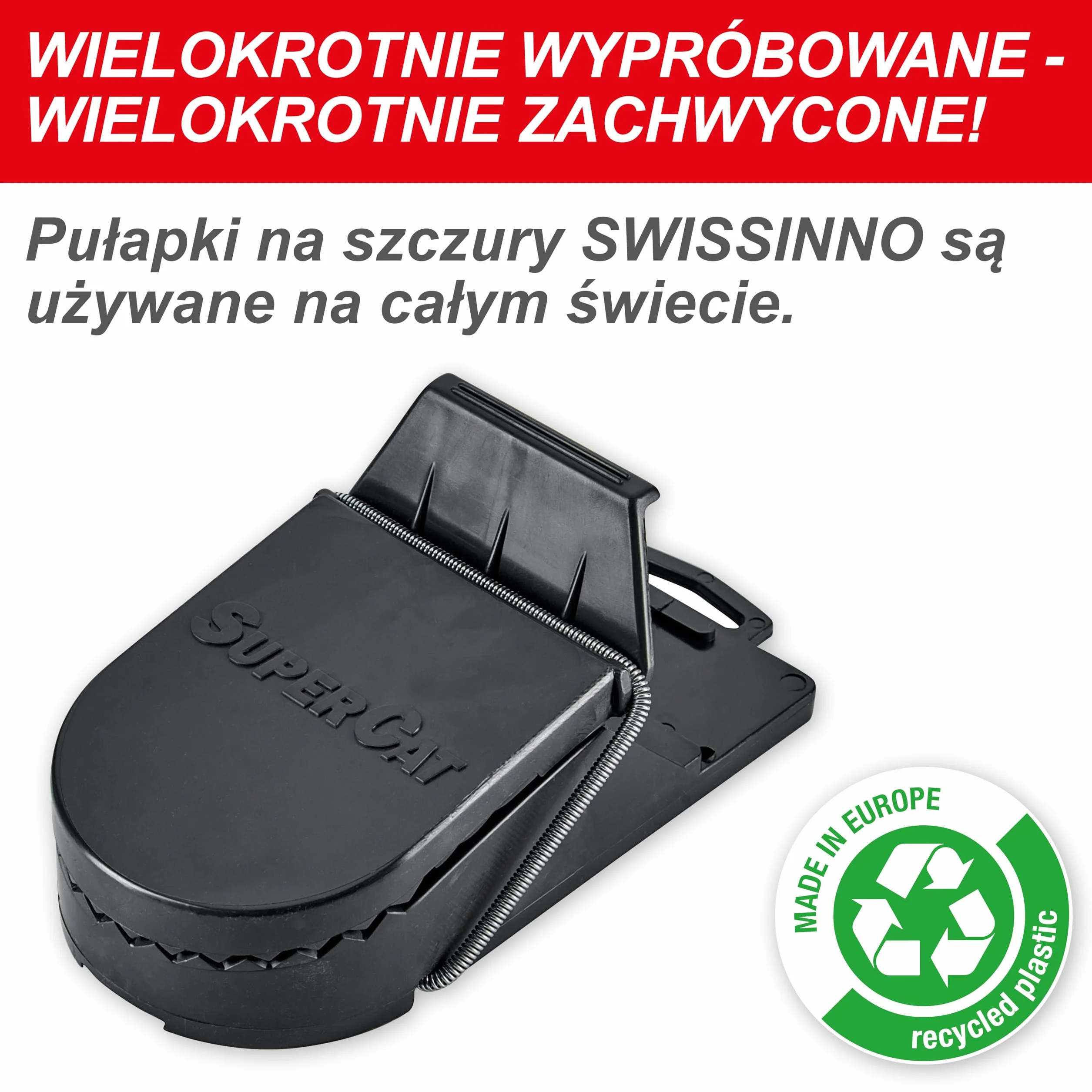 SWISSINNO Pułapka na szczury SuperCat – 1 pułapka + 2 strzykawki z przynętą – Patentowany system – Gotowa do użycia – W zestawie wymienne przynęty orzechowe - Skuteczne łapania gryzoni