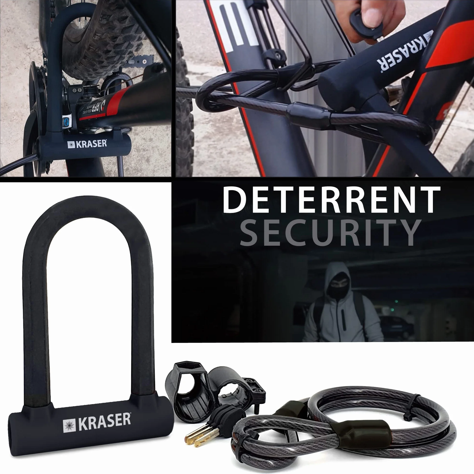 KRASER KR65145B Zapięcie Rowerowe Universalny Rower U-lock Blokada + Metalowa Elastyczne Kablowa 120cm + Uchwytem Montażowym