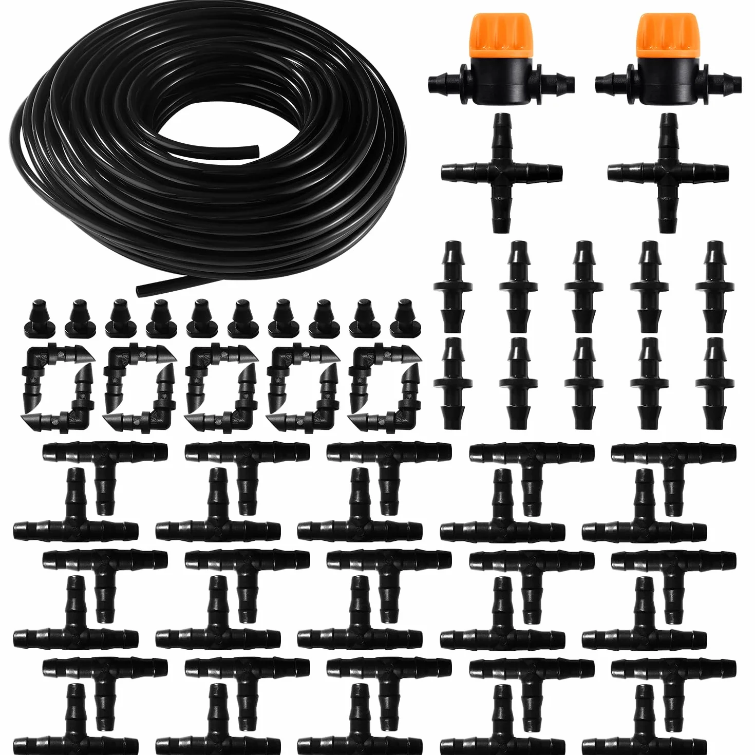 VooGenzek 65 Sztuk 4/6 mm Zestaw do Nawadniania, Wąż Nawadniający 20m, DIY System Nawadniania Ogrodu, z Proste Złącza z Zadziorami, Trójnikiem, Zatyczką Końcową Węża, do Trawnika