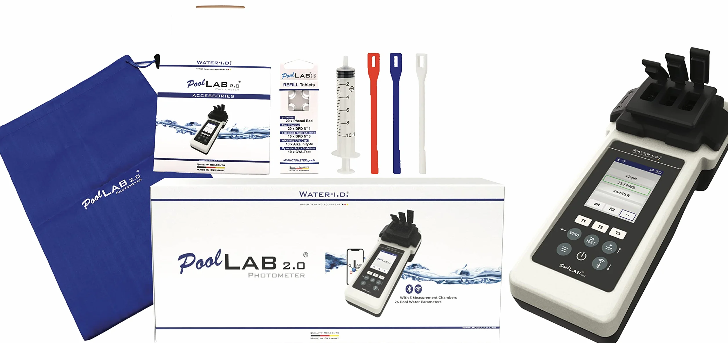 Water-ID PoolLab 2.0 elektroniczny tester wody z Bluetooth i WiFi – profesjonalna analiza wody do basenu i spa – tester basenowy z 3 równoległymi komorami pomiarowymi – 24 wartości wody w basenie – z 70 tabletkami testowymi