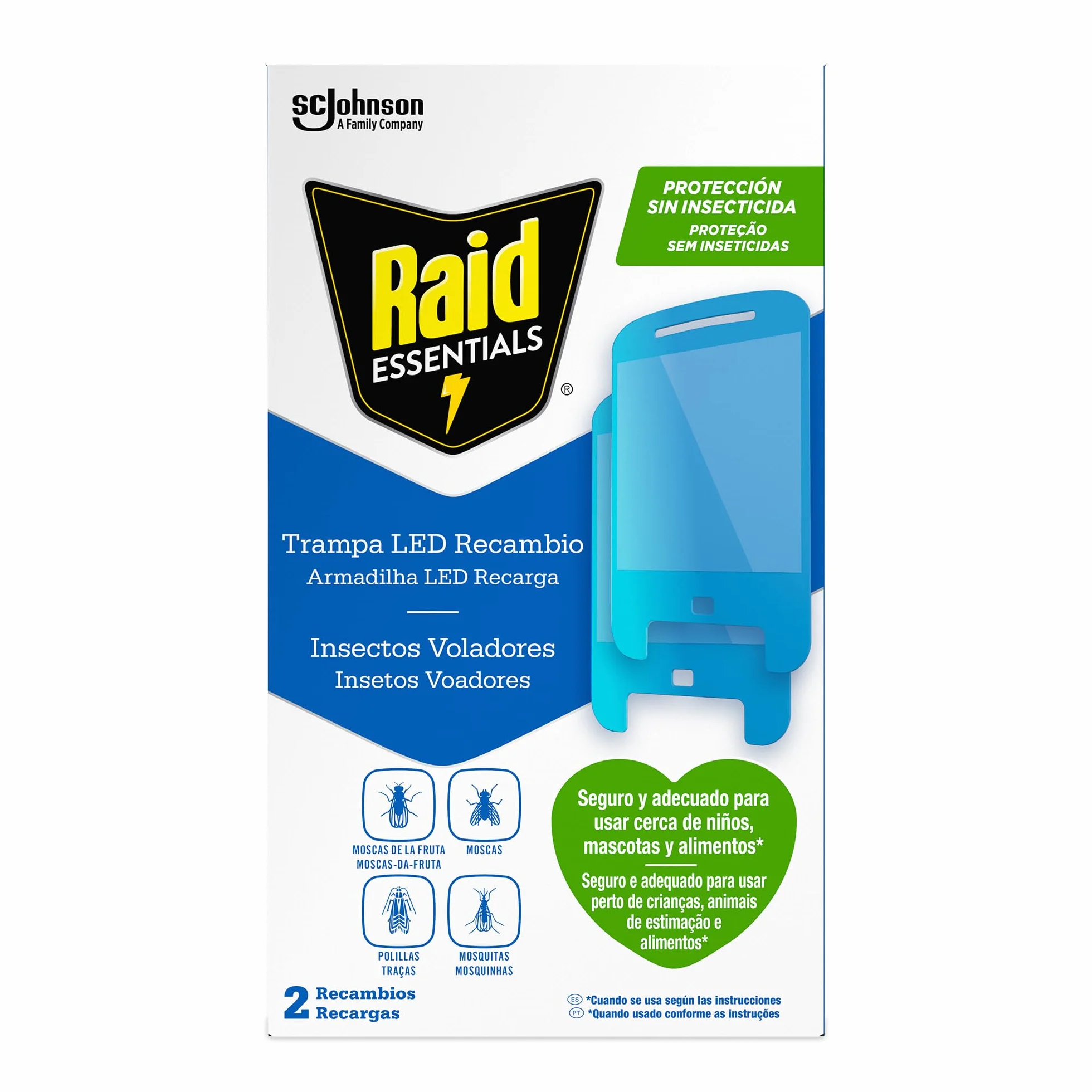 Raid Essentials 2 x zamiennik pułapki LED przeciw muchom, muchom owocowym i molom, bez środka owadobójczego, ochrona 24/7 przed latającymi owadami, do użytku w pomieszczeniach, 2 sztuki