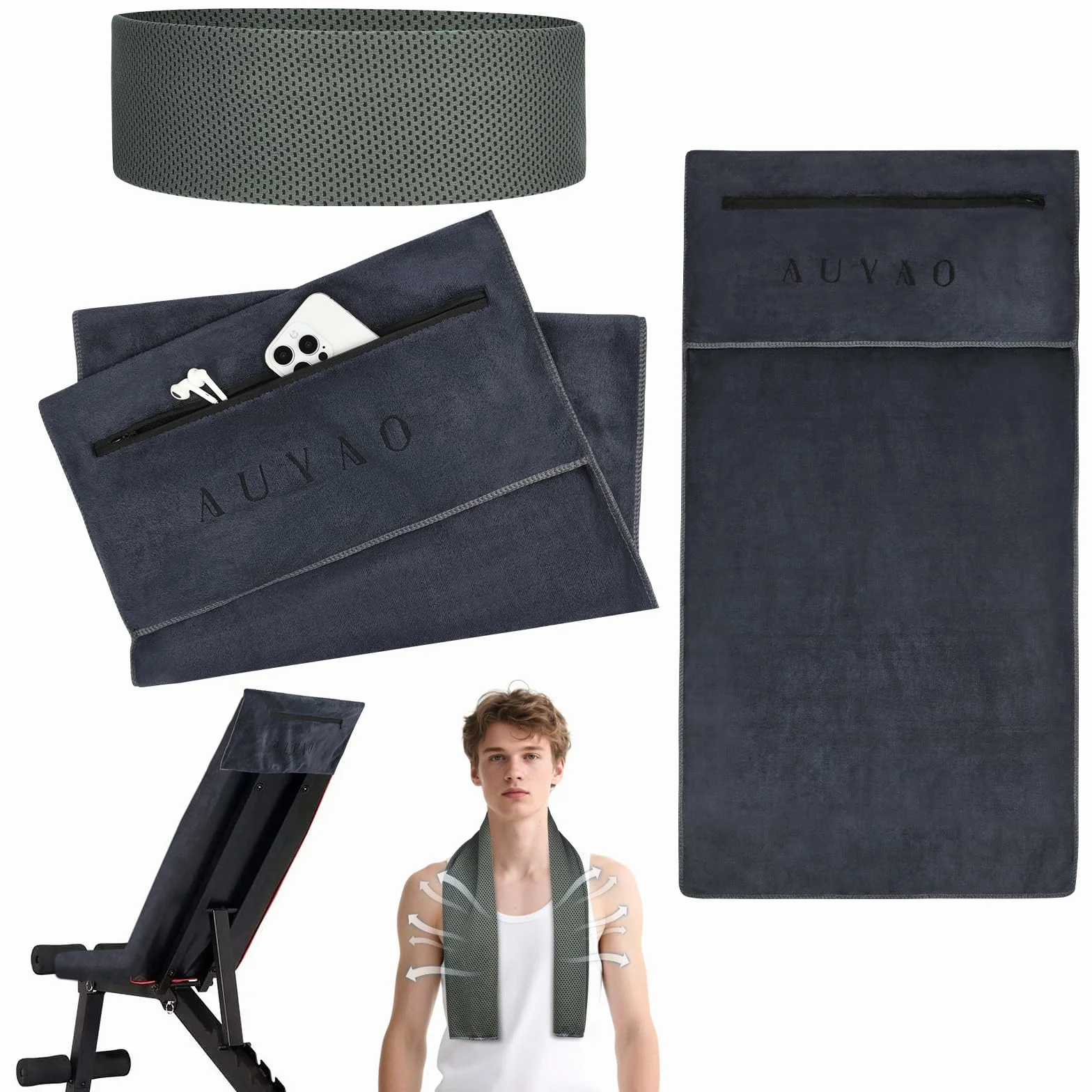 AUYAO Ręcznik na siłownię sportowy ręcznik fitness ręcznik na siłownię z kieszenią na zamek błyskawiczny 40 x 90 cm ręcznik do opalania z zimnem ręczniki chłonne ręcznik sportowy z antypoślizgowym