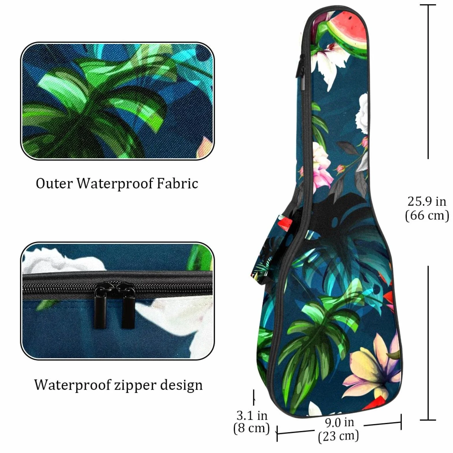 Torba na ukulele lato arbuz piwonia kwiat tropikalne liście ukulele etui na koncert sopranowy tenorowy 23 cale 10 mm grubości miękkie wyściełane regulowane paski torba na koncert koncert