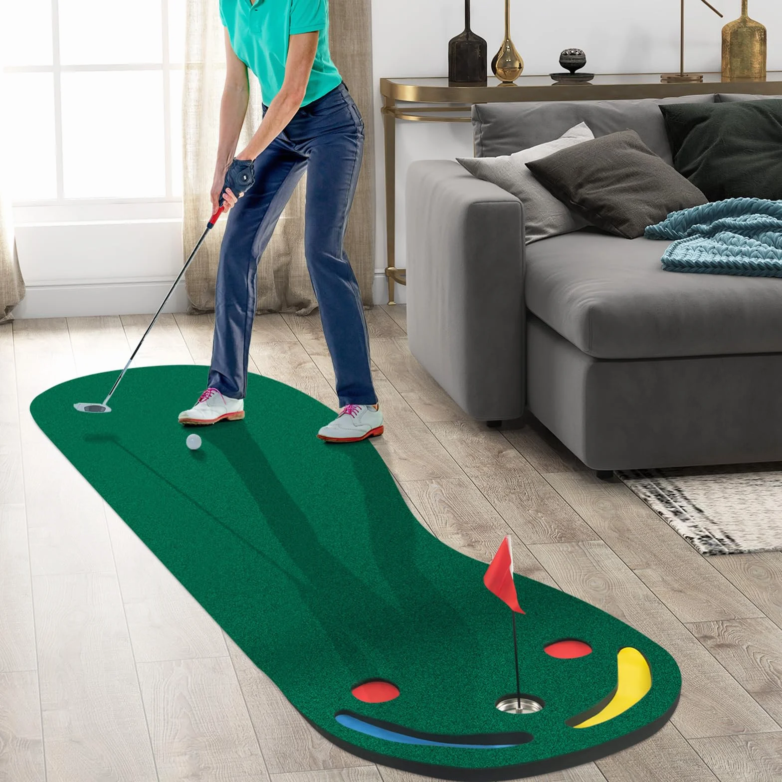 COSTWAY Mata do gry w golfa 300 x 96 cm składana z 3 miseczkami i 1 flagą zielona treningowa