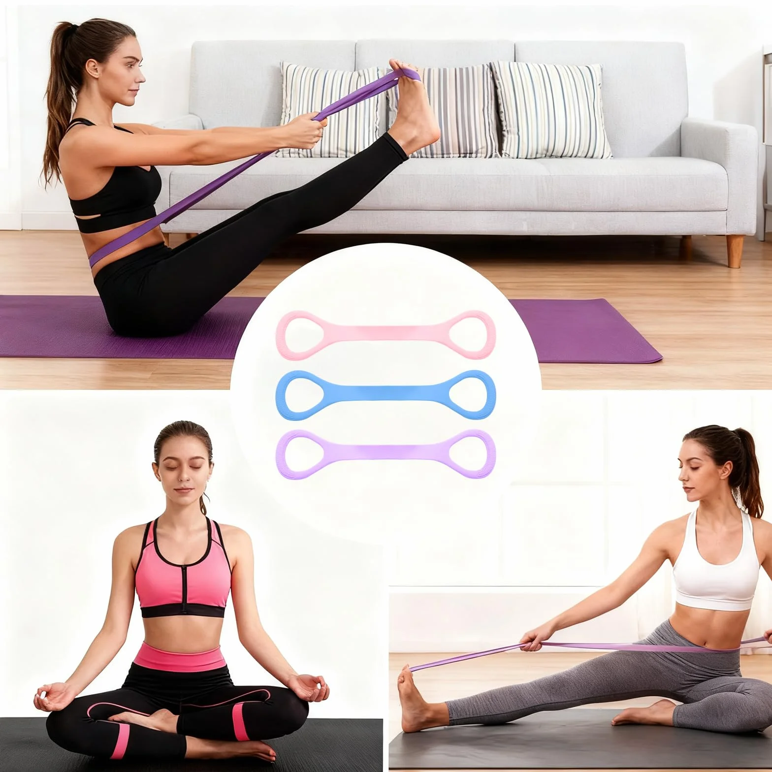 Zestaw taśm oporowych 3-częściowy, 8-kształtne taśmy do ćwiczeń Pilates na ramiona i całe ciało
