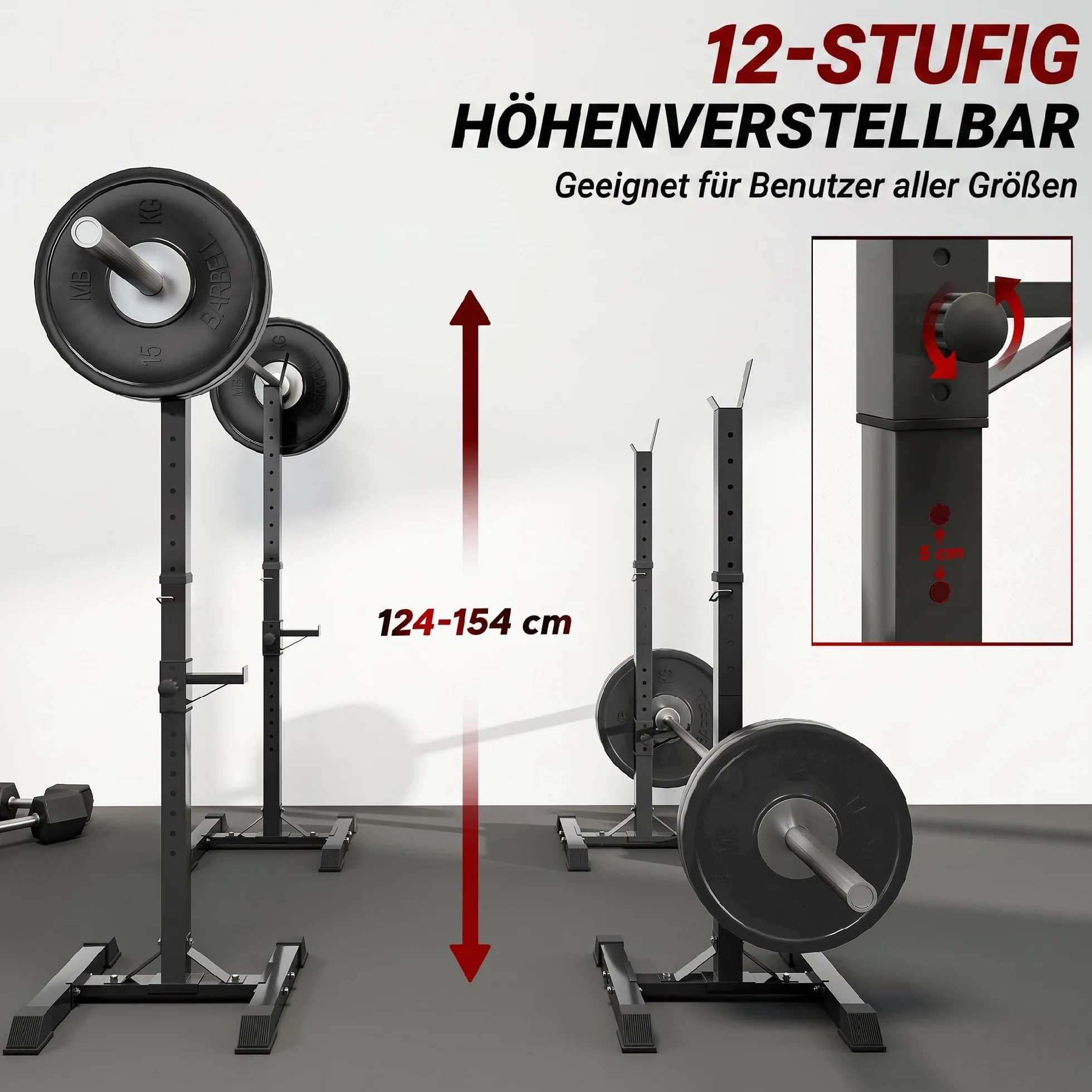 HOMCOM Stojak na hantle, zestaw 2 szt., stojak na długie hantle z regulacją wysokości, sztanga długa z gumowymi nakładkami, 105-160 cm, trening siłowy, do 150 kg, stal