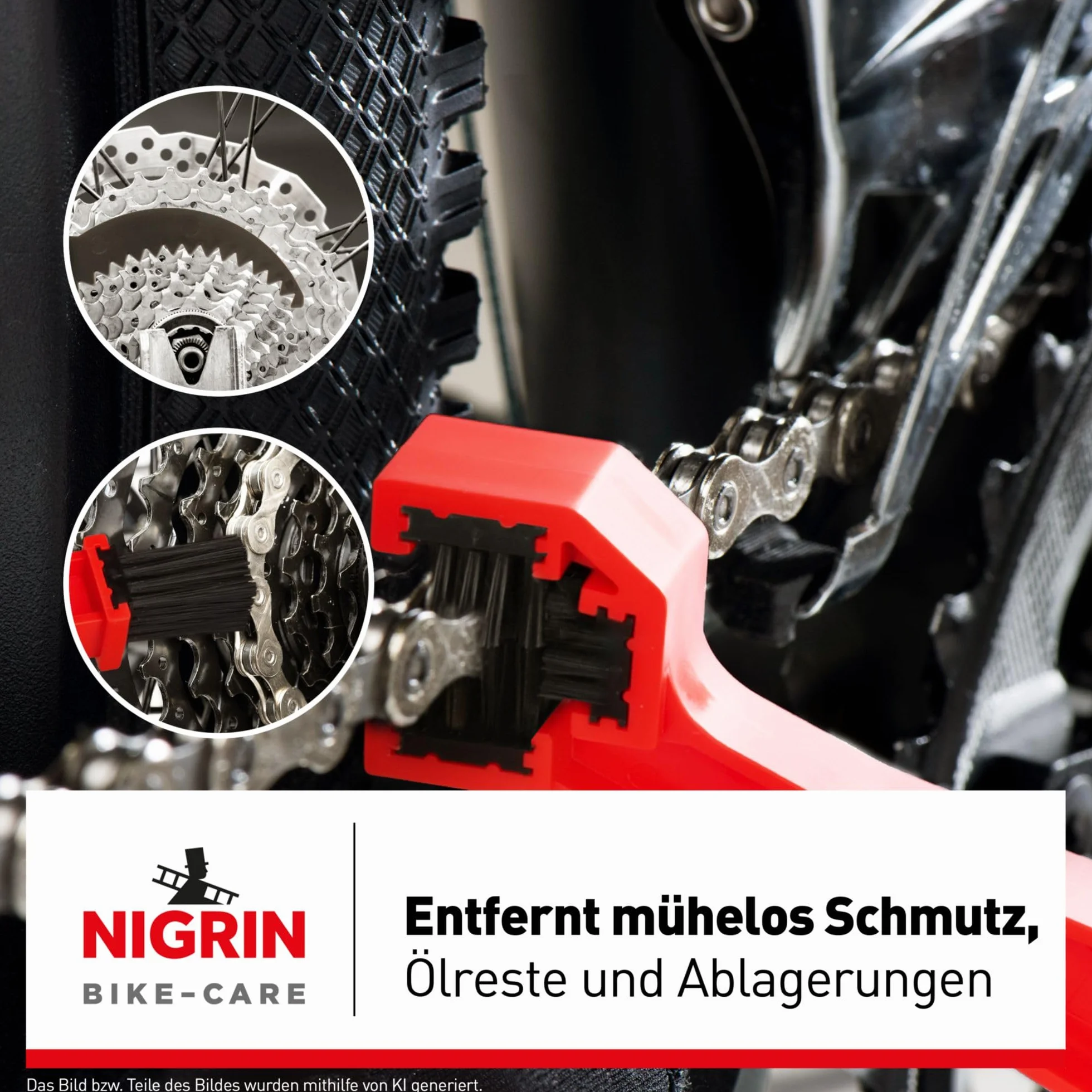 NIGRIN Szczotka do czyszczenia łańcucha rowerowego, 3 w 1, narzędzie wielofunkcyjne, do czyszczenia łańcuchów, zębatek, przerzutek, łatwa wymiana, czarna, czerwona, 1 sztuka
