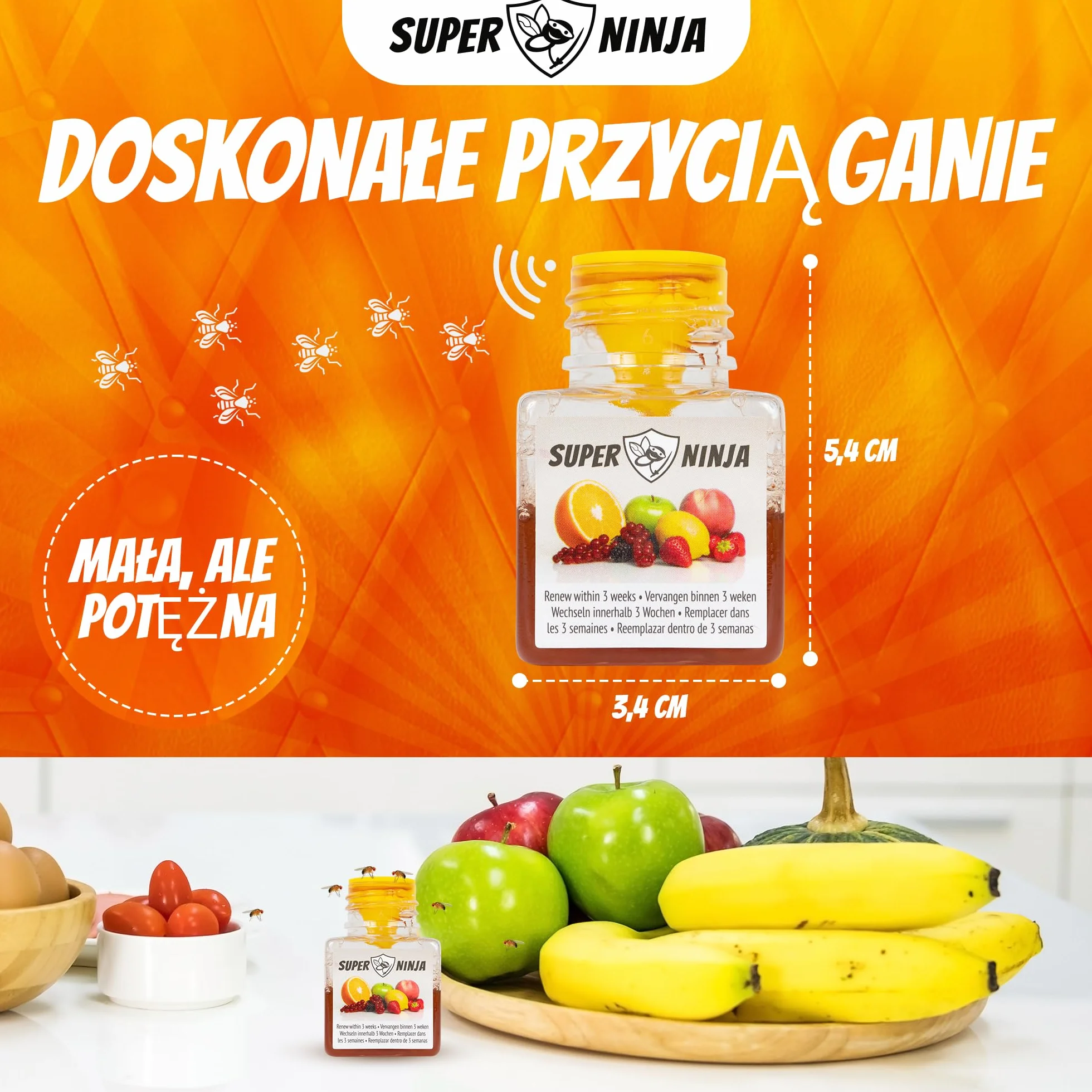 Super Ninja Pułapka na muchy owocowe - Ekologiczne i skuteczne pułapki na muchy owocowe do użytku wewnątrz pomieszczeń - Przyjazne dla środowiska - Do 3 tygodni na butelkę (4 Szt)