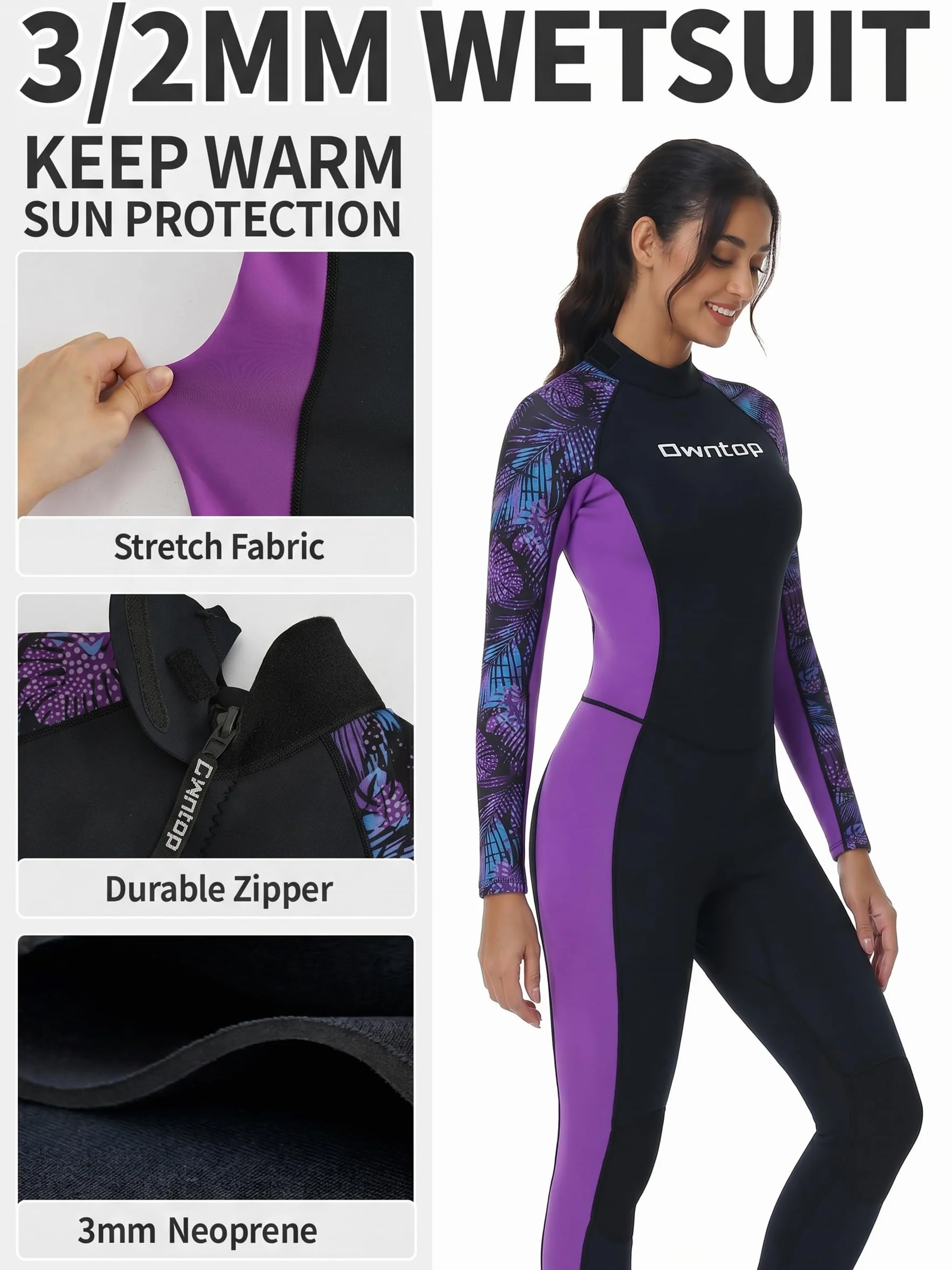 Owntop Damski kombinezon 3/2 mm neoprenowy kombinezon do nurkowania na całe ciało, zamek błyskawiczny z tyłu długi rękaw mokre kombinezony do nurkowania z akwalungiem, surfingu, snorkelingu, termiczny