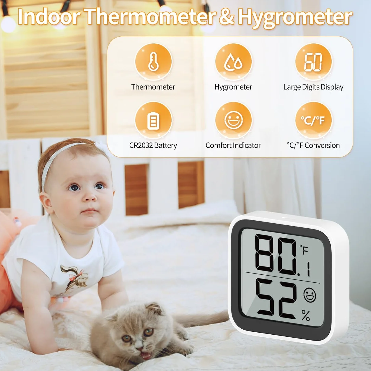 NOKLEAD Termometr, miernik wilgotności powietrza wewnątrz, mini higrometr, monitor temperatury pomieszczenia z symbolem twarzy, wskaźnik komfortu, przełącznik ℃/℉