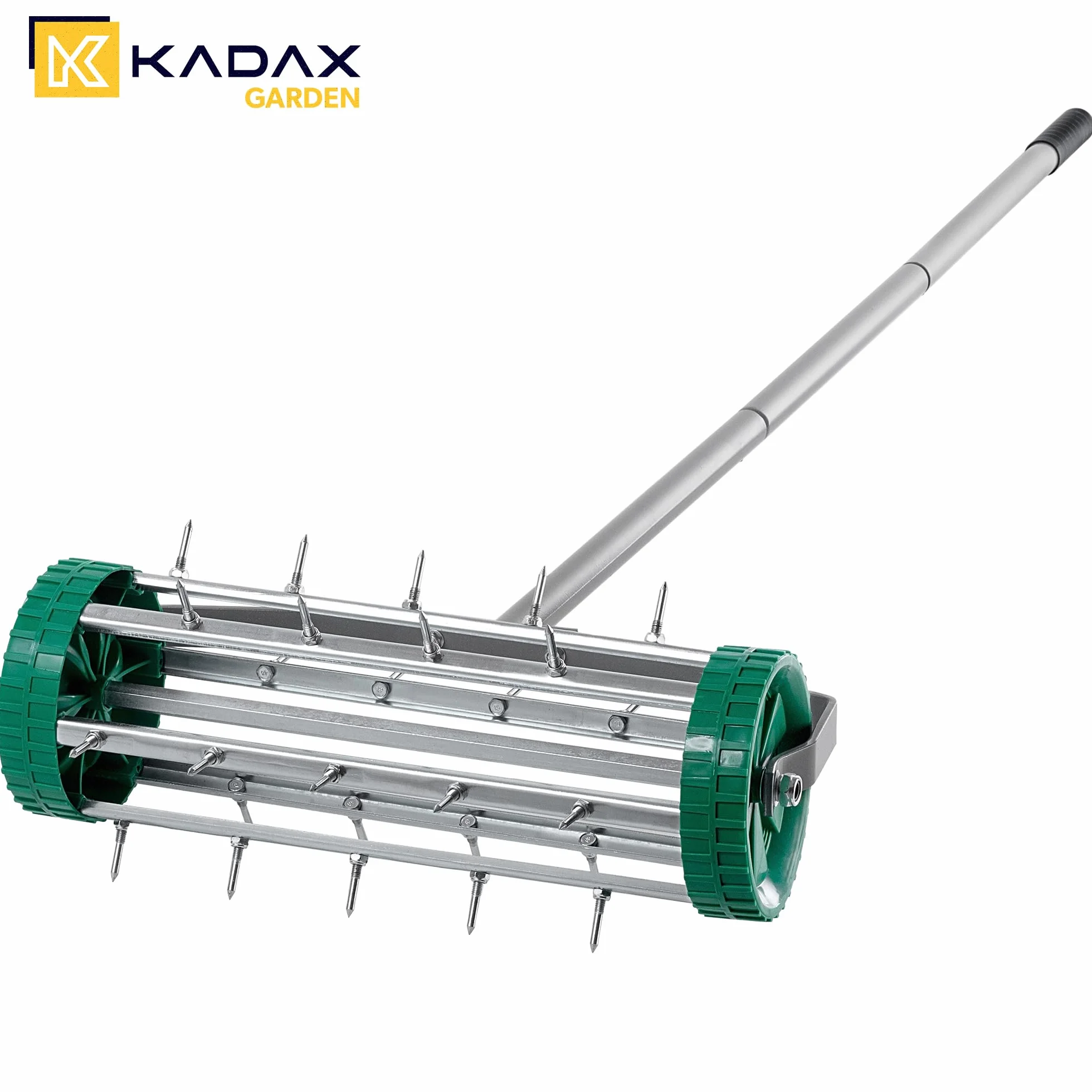 KADAX Ręczny wertykulator, napowietrzacz trawnika z wytrzymałej stali, ręczny aerator z gwoździami 3,3 cm, wentylator podłogowy z ergonomicznym uchwytem, wytrzymały wałek kolczasty (148 cm)