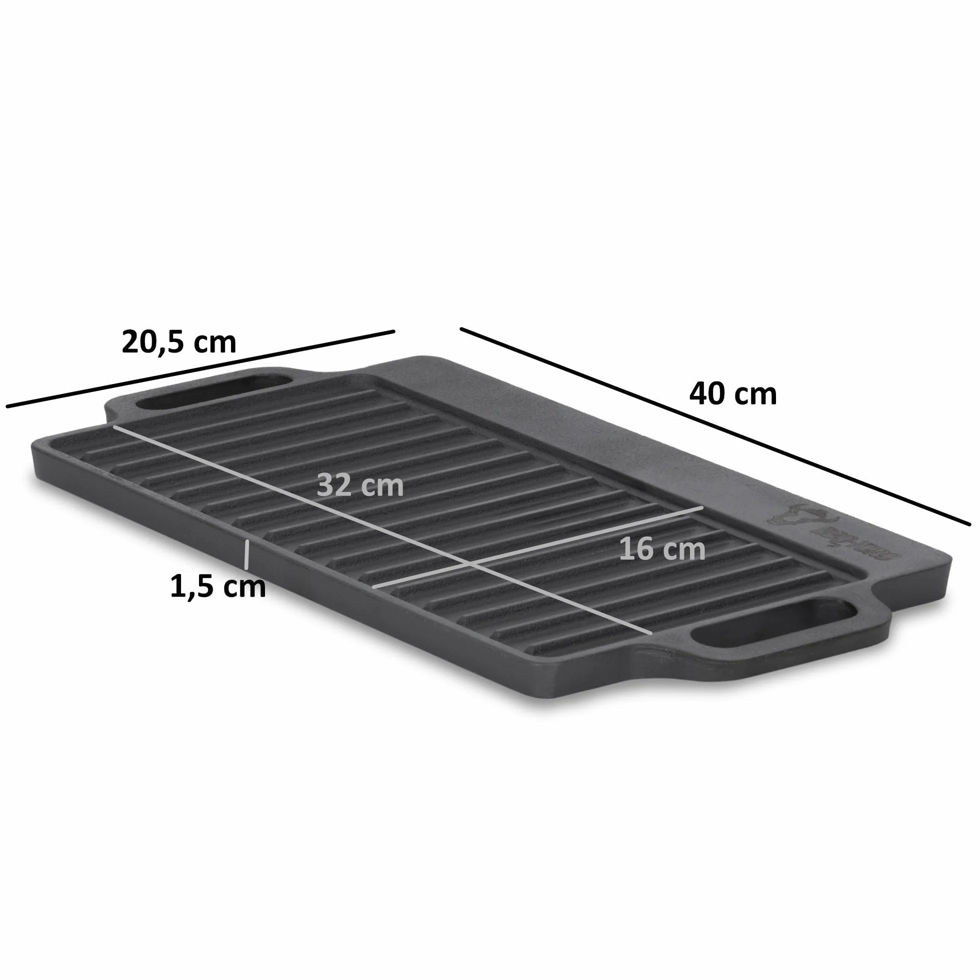 BBQ-Toro Żeliwna blacha do pieczenia z uchwytami, 40 x 20,5 cm, obustronna patelnia grillowa, prostokątna, uniwersalna i masywna, do węgla drzewnego i gazowego, akcesoria