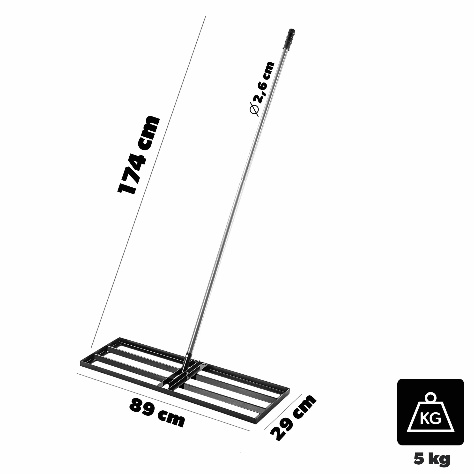 KADAX Grabie do trawnika, 89 x 29 cm, grabie poziomujące do pielęgnacji trawnika, do poziomowania podłoża, metalowe, z trzonkiem