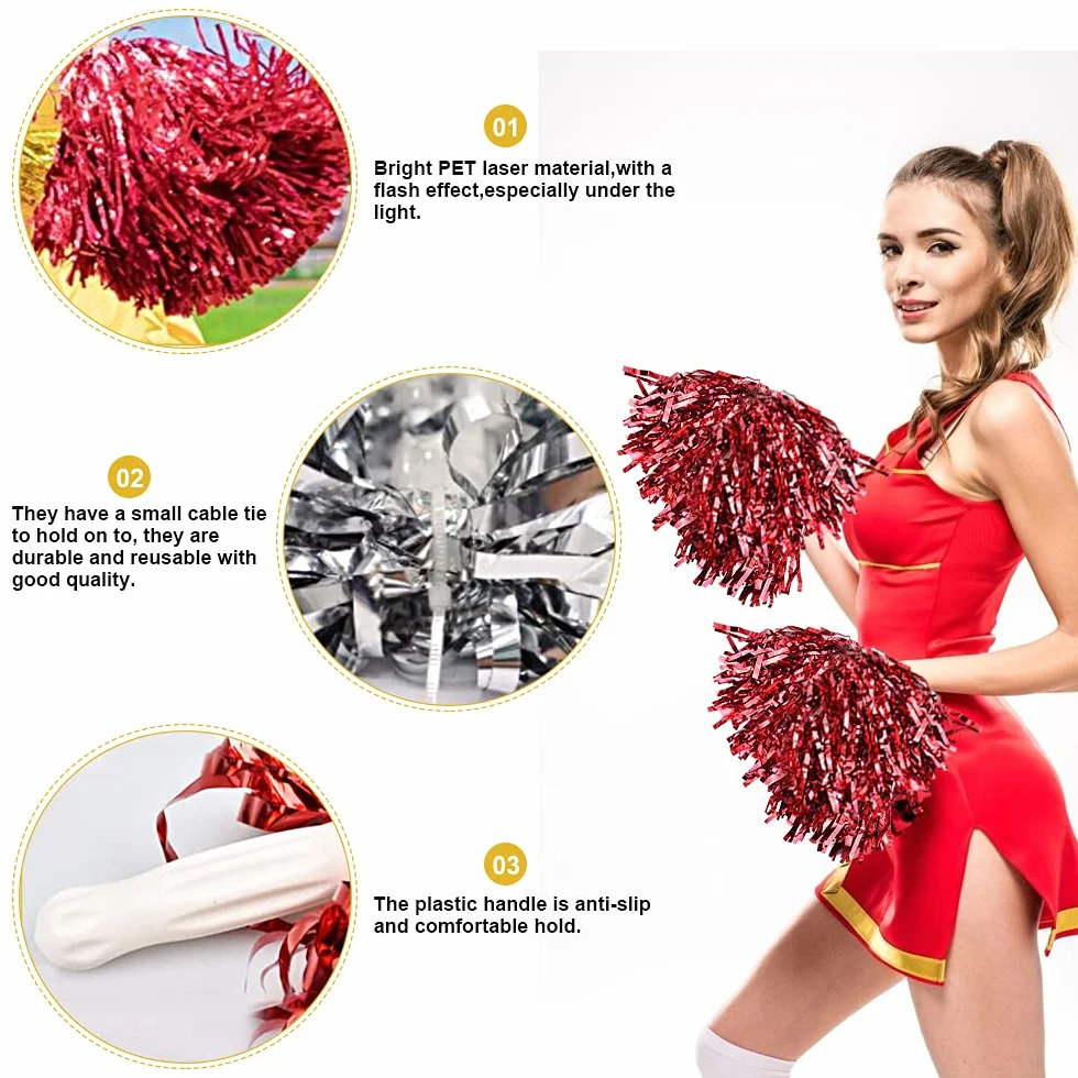 FIGFYOU 12 sztuk pomponów cheerleaderek puszyste metaliczne paski z plastikowym uchwytem