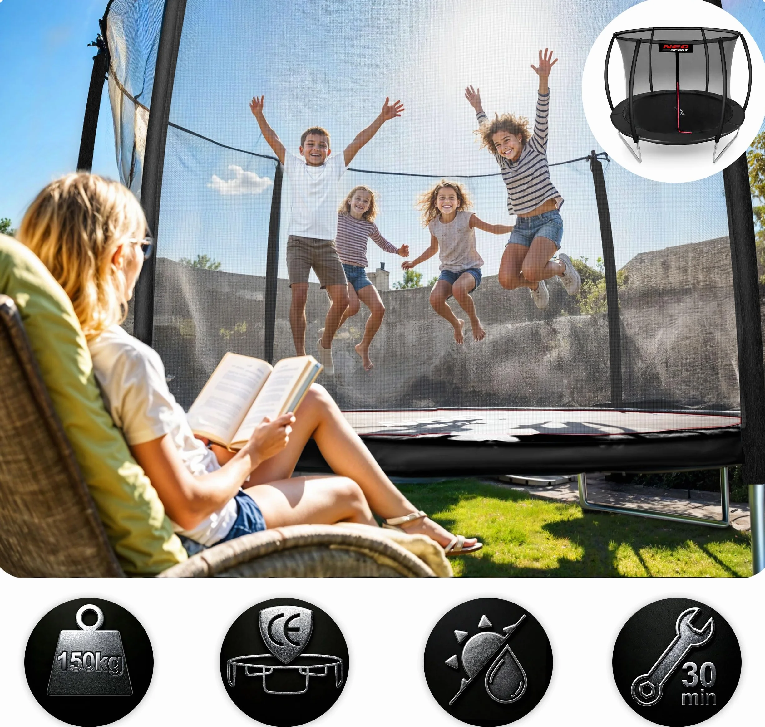 Neo-Sport Trampolina ogrodowa 312 cm z siatką zabezpieczającą 150 kg Czerwony Czarny