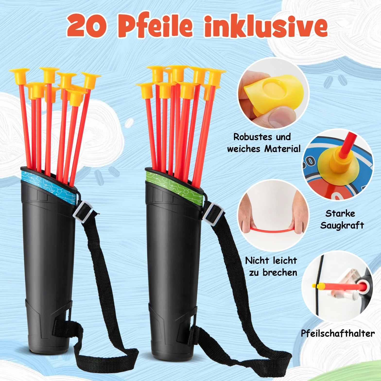 COSTWAY Zestaw 2 sztuk łuku świetlnego LED, 20 strzałek, 2 kołczony i tarcza, 2 w 1, łuk dziecięcy stojący/wiszący, do użytku wewnątrz i na zewnątrz, dla dzieci od 3 lat