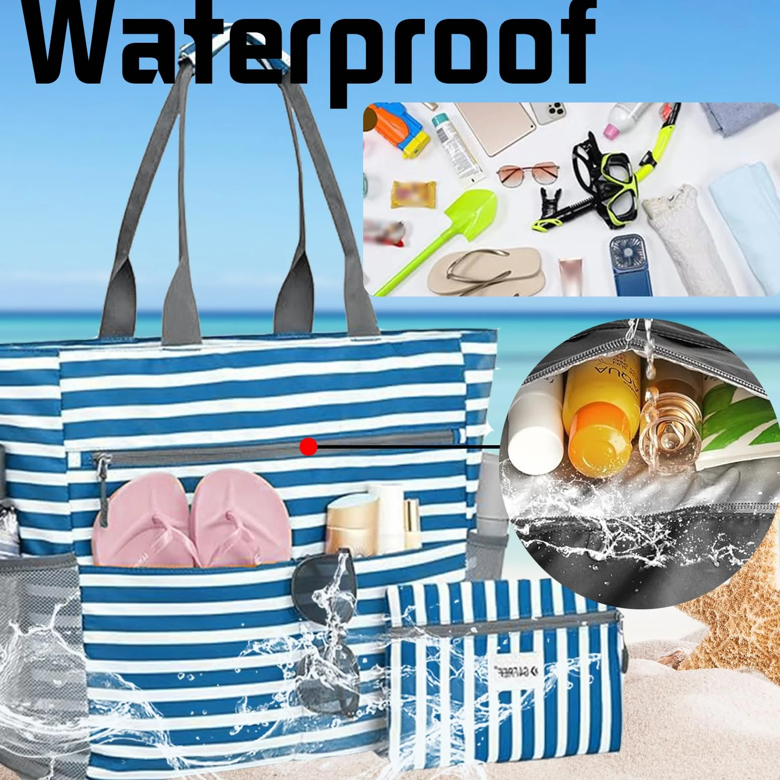 LUKIUP Torba plażowa XL z mini torbą kąpielową, czarna