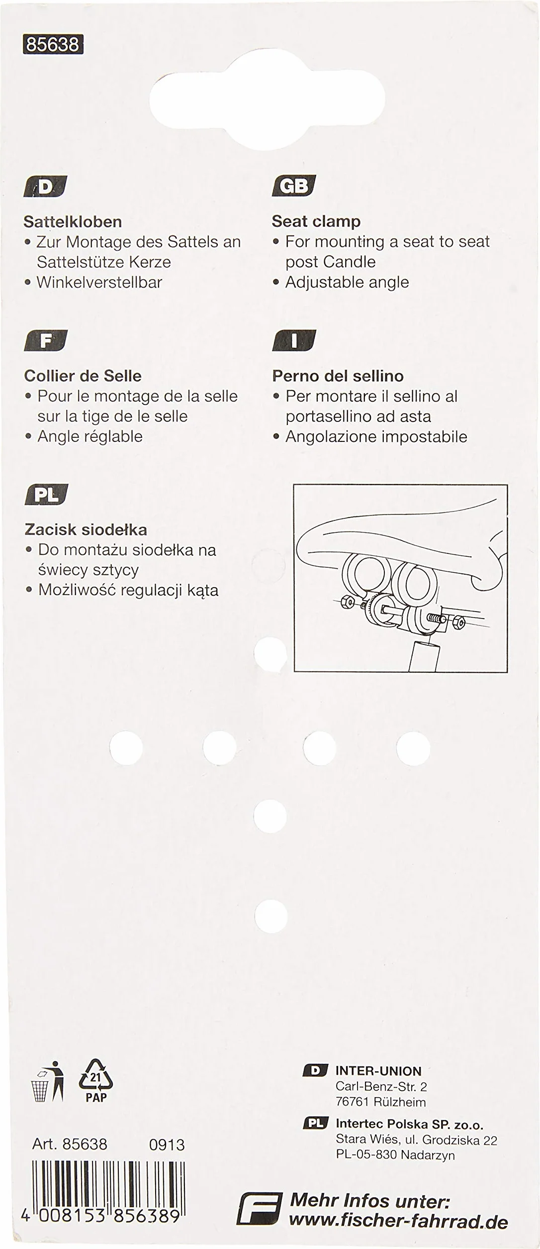 Fischer 85638 Mocowanie Siodełka Rowerowego, Czarne, Jeden Rozmiar