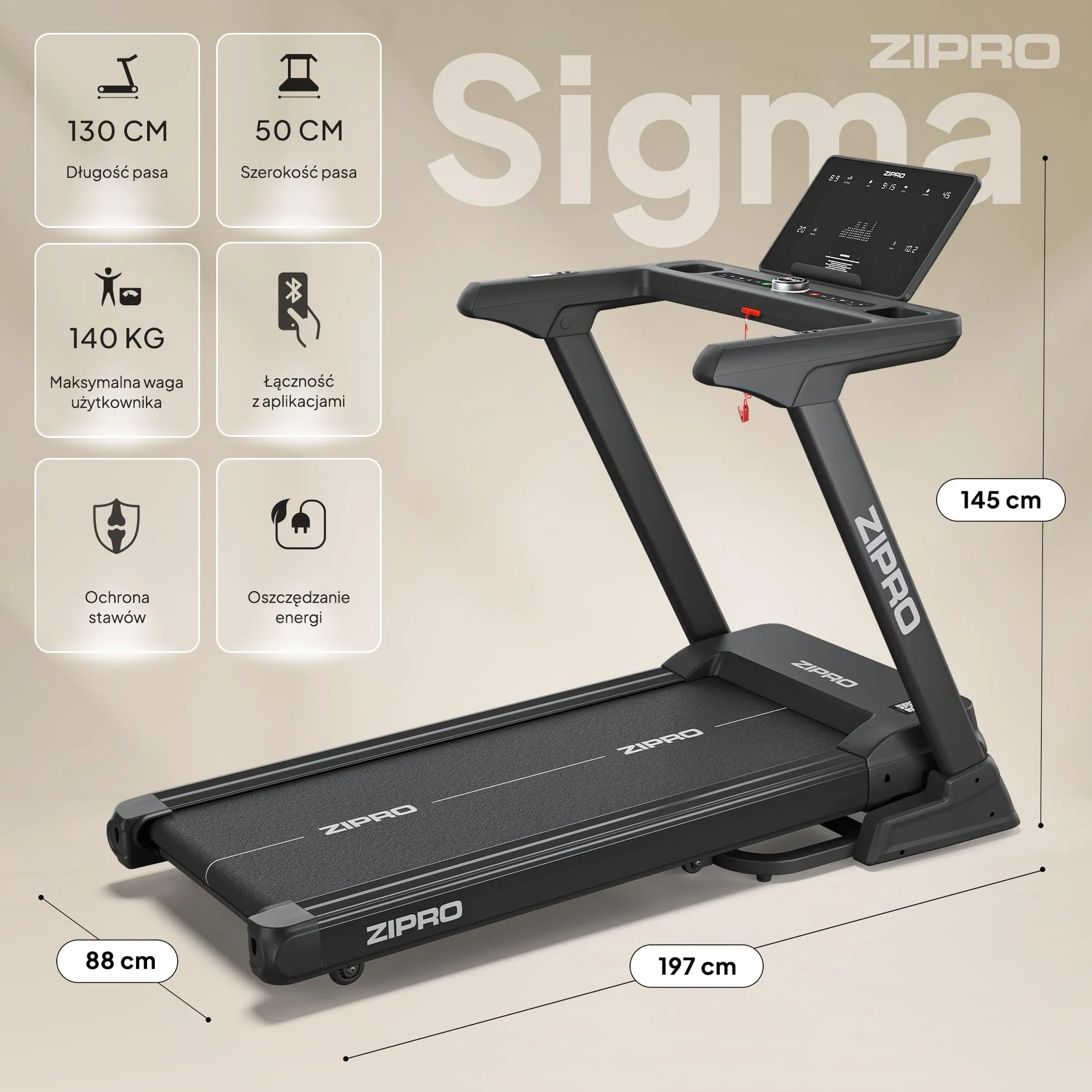 ZIPRO Sigma Bieżnia Elektryczna Składana 20 km/h Regulacja Nachylenia Amortyzacja Fitshow