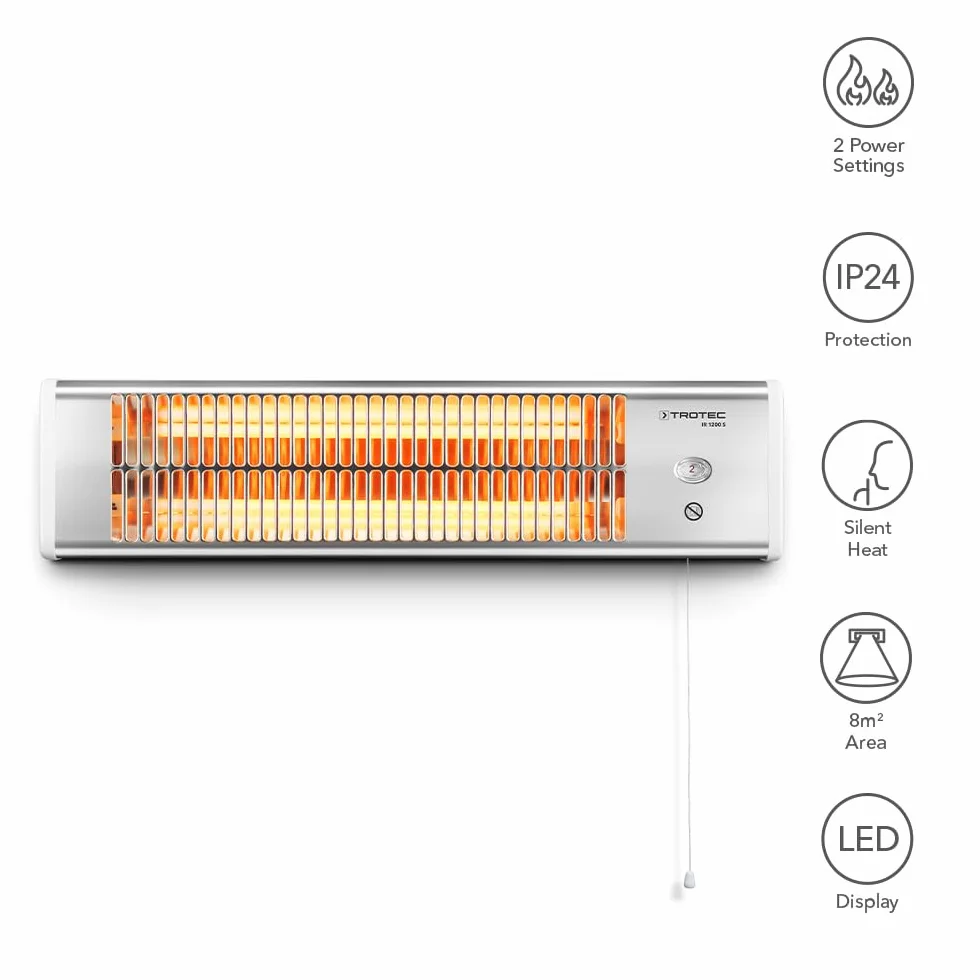 TROTEC Grzejnik tarasowy na podczerwień IR 1200 S – moc grzewcza 600 W / 1200 W – urządzenie wolnostojące, do montażu na ścianie, z pilotem