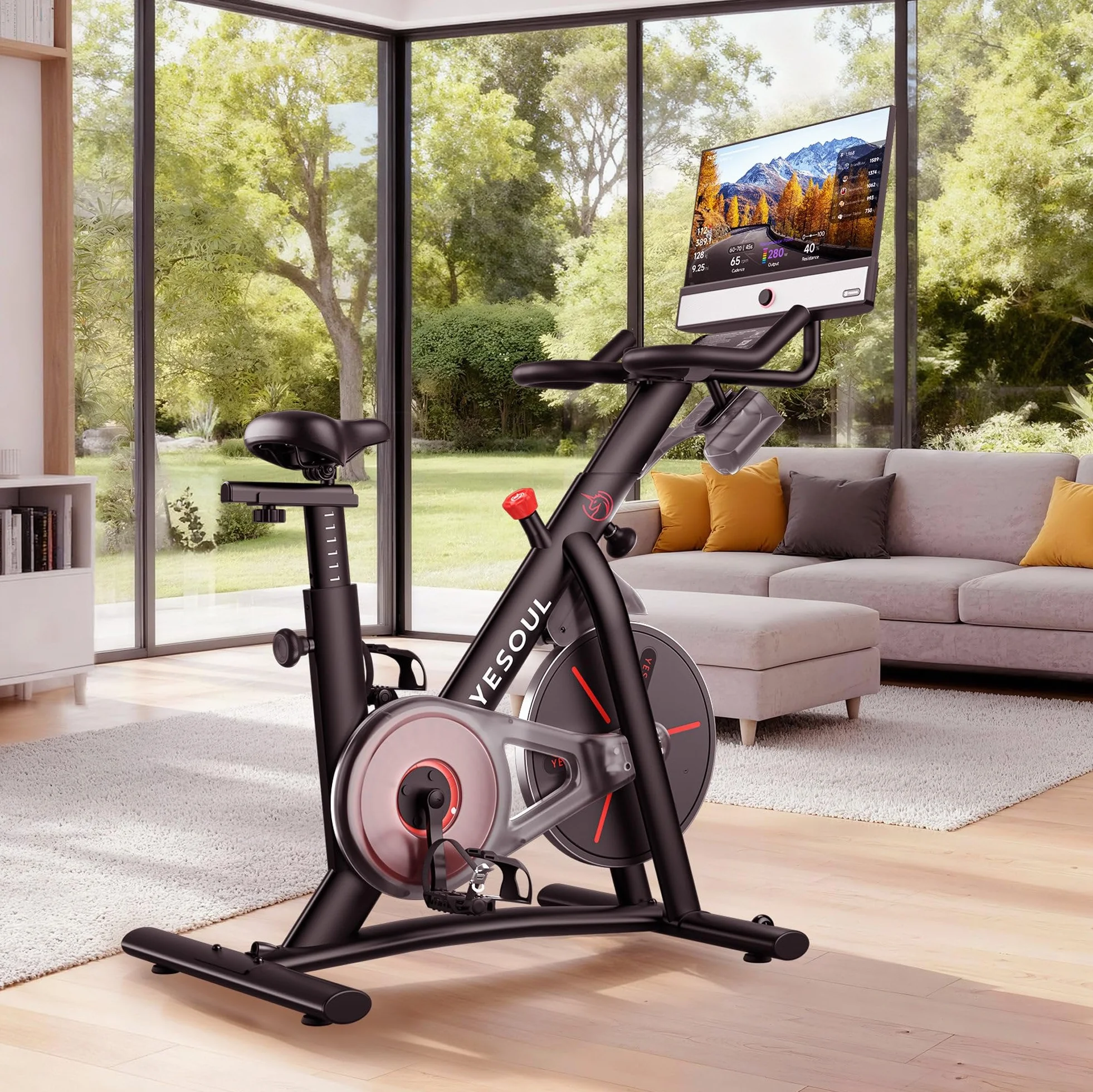 YESOUL G1M Plus trenażer domowy, cichy rower treningowy do treningu kardio z nowym ekranem FHD 21,5", oporem magnetycznym, dźwiękiem 360° i odbiciem ekranu