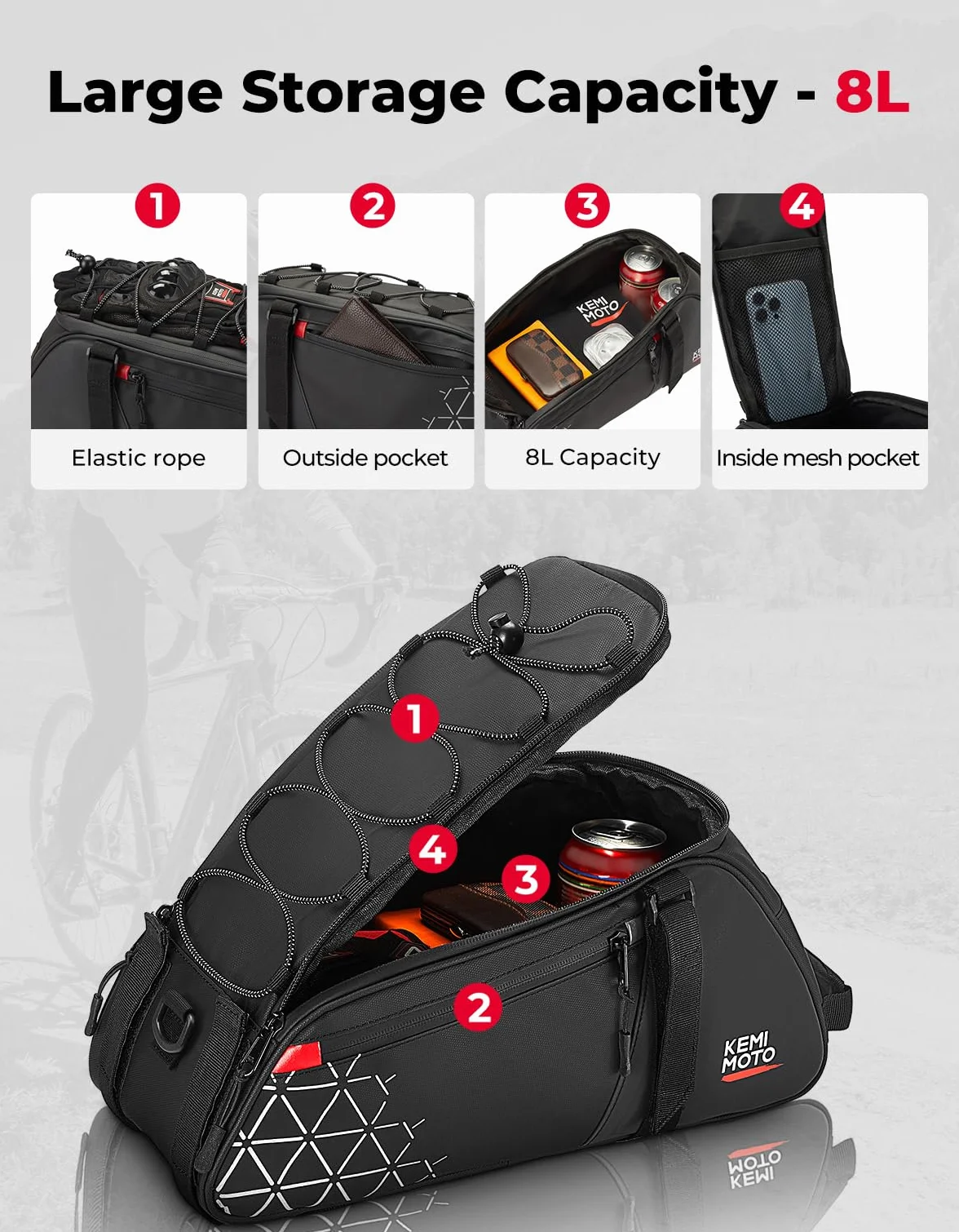 KEMIMOTO Torba rowerowa na bagażnik 2 w 1, 8 l, wodoszczelna