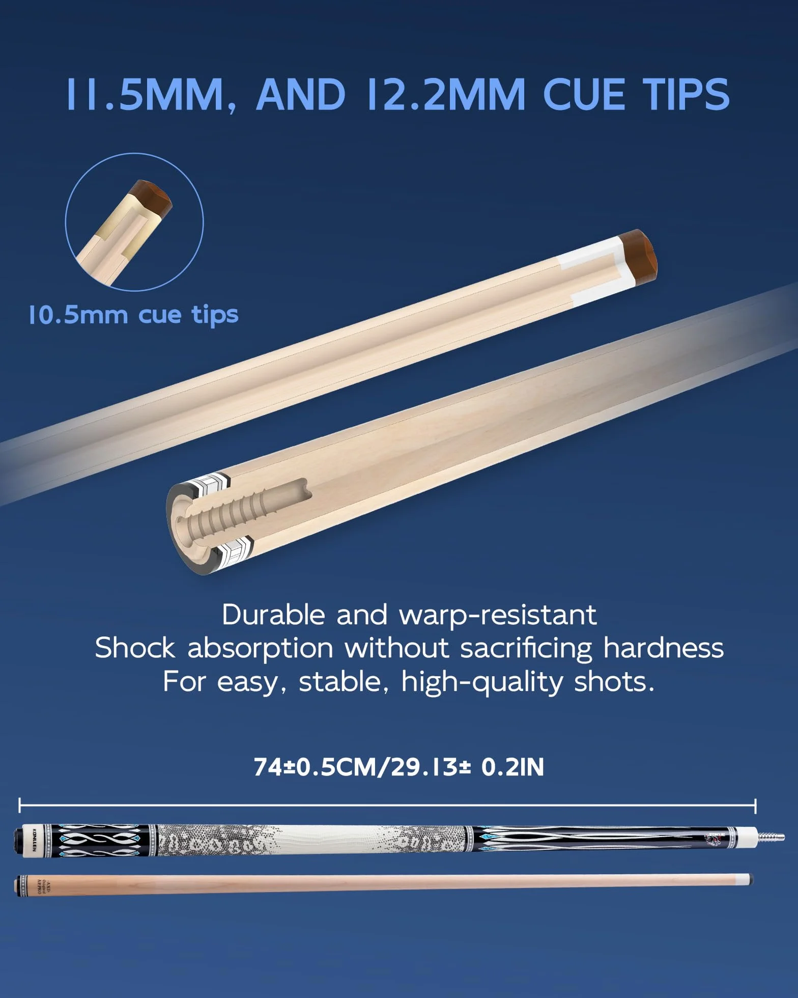 KONLLEN Kij basenowy Pro Taper kanadyjski klon bilardowy kije bilardowe dla dorosłych z trzonkiem o niskim odchyleniu (końcówka 10,5 mm/11,5 mm/12,5 mm), profesjonalny zestaw kijek bilardowych z