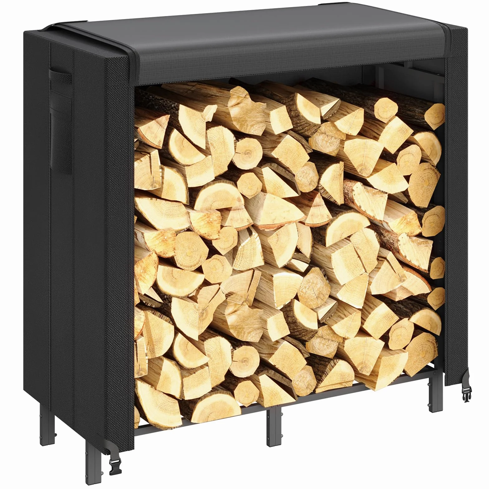 Lifewhite Drewniane Pudełko do Przechowywania Wewnątrz, 122 × 58,5 × 122 cm Drewna Opałowego na Zewnątrz z Wodoodporną Pokrywą Boczna Kieszeń do Wnętrz i na Zewnątrz, Czarna