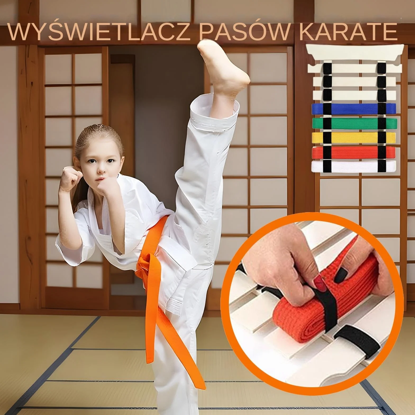 Stojak Na Pasy Karate - Stojak do Eksponowania Pasów Sztuk Walki z Wieszakiem i Naklejkami - Bez Montażu Na Sprzęt Sportowy Dla Dzieci I Dorosłych