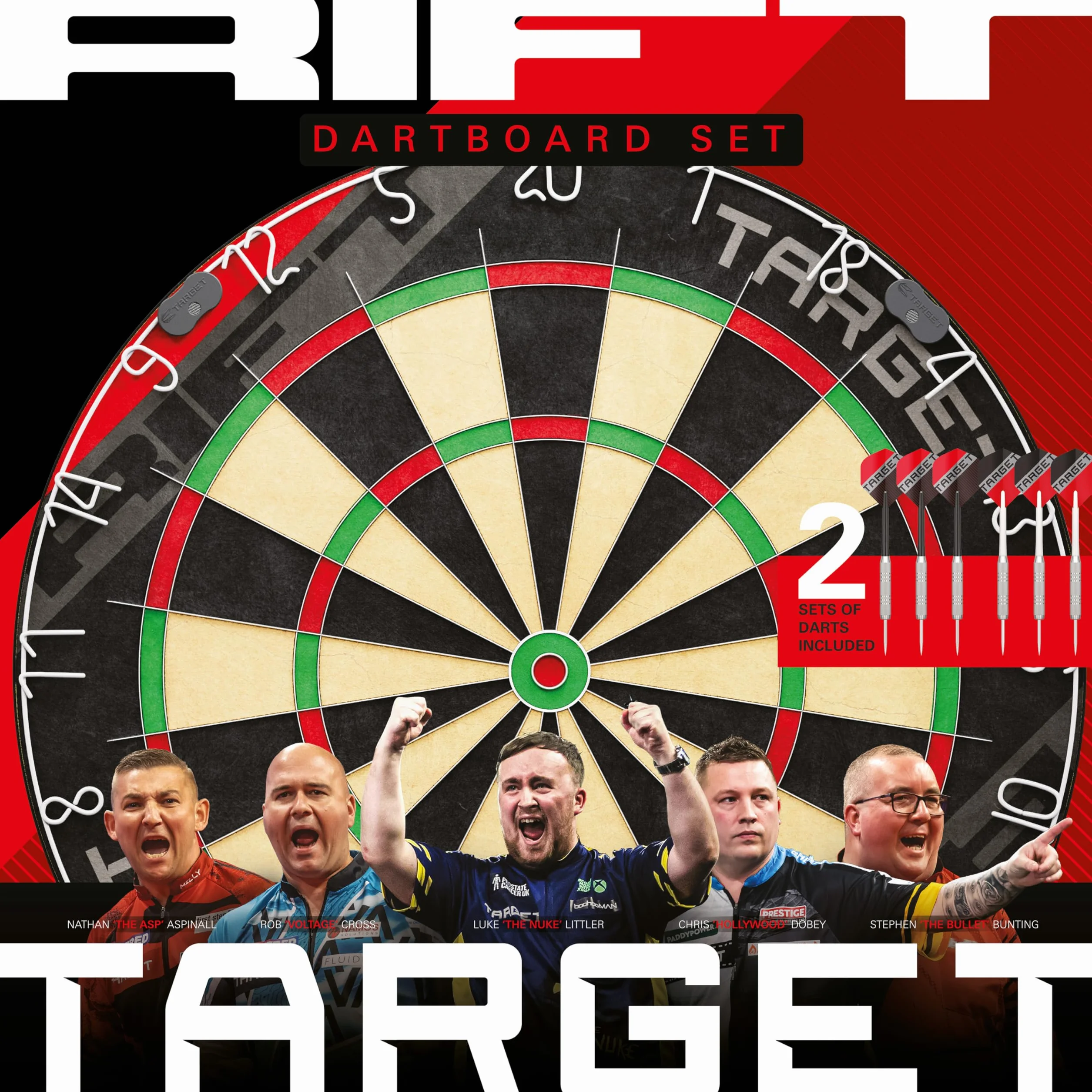 Target Darts Rift tarcza do darta z oświetleniem LED, system bezklamrowy, 2 komplety lotek 17 g