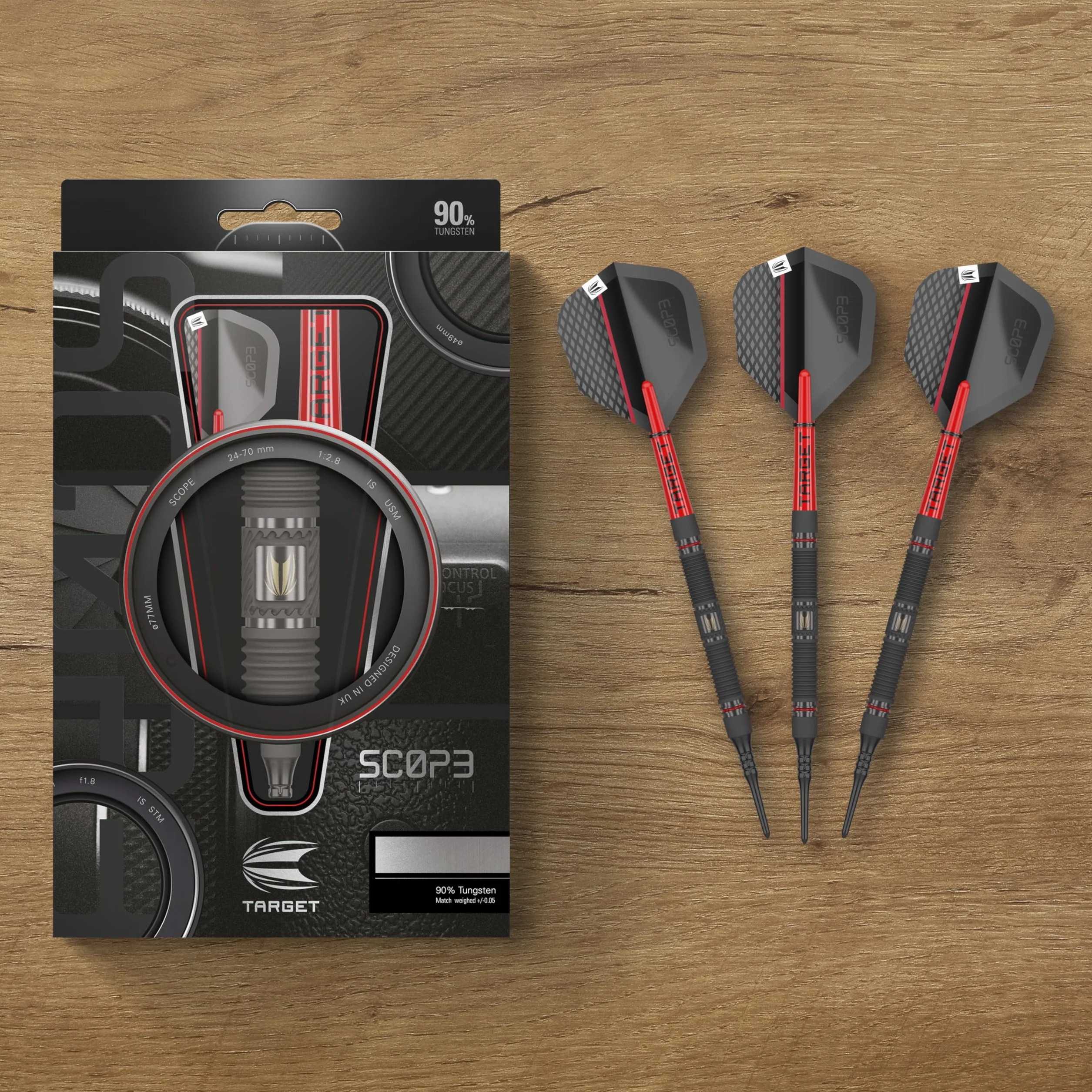 Target Darts Scope Soft Tip Darts, zestaw rzutek z 90% wolframu, czerwono-czarne, pikselowe końcówki, 10-21G