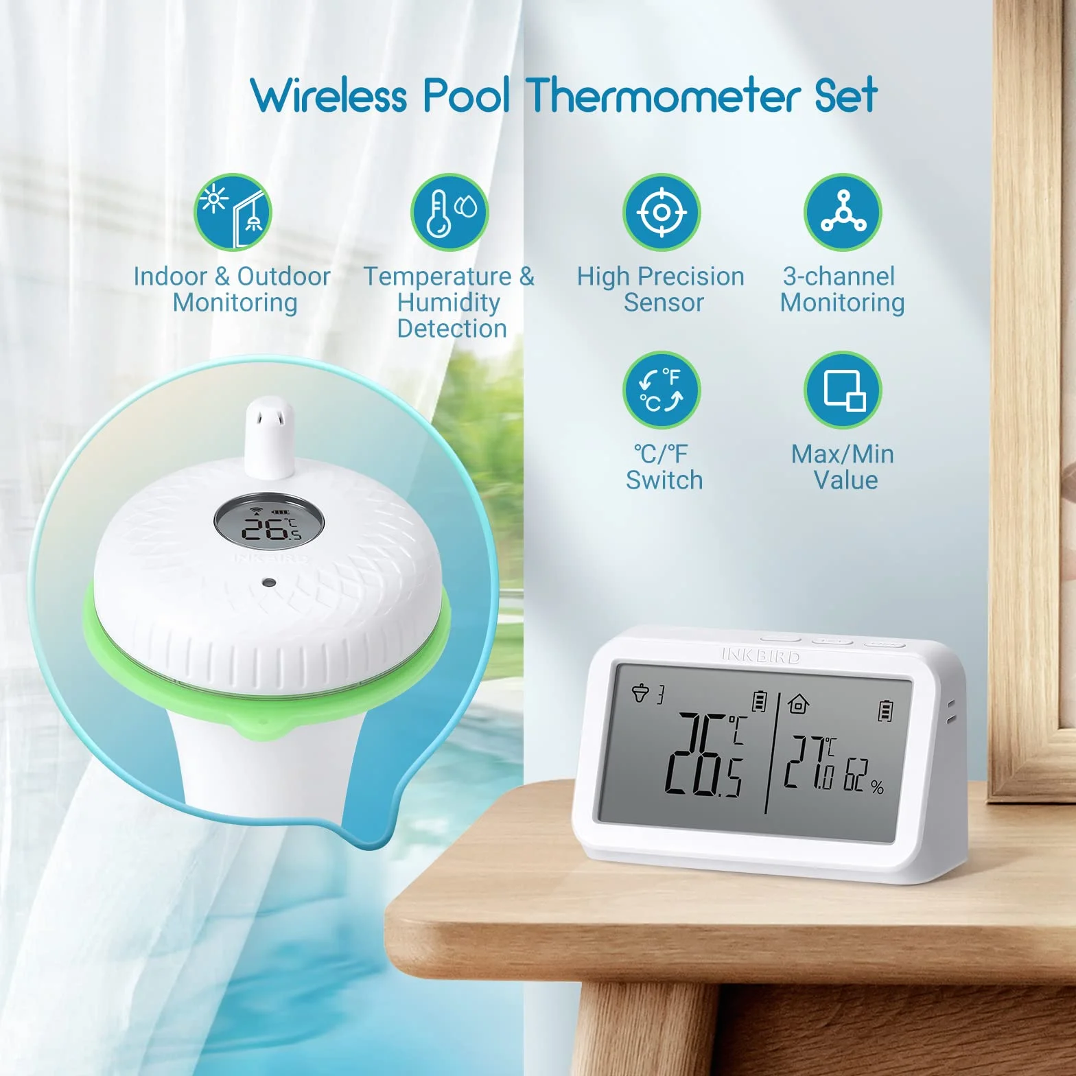 INKBIRD IBS-P02R Bezprzewodowy pływający termometr do basenu z monitorem temperatury i wilgotności, duży ekran do basenu, akwarium