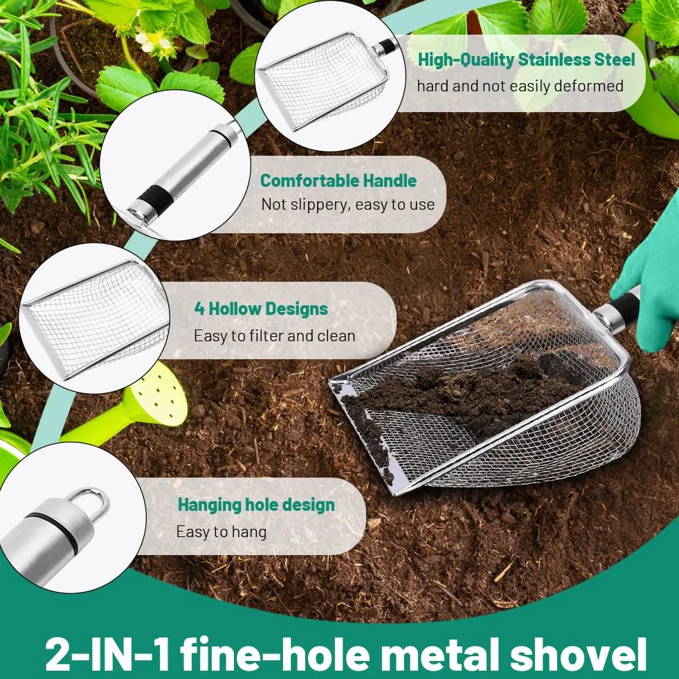 RANJIMA Sito ogrodowe ze stali nierdzewnej z uchwytem, sitko ogrodowe do ziemi, sitko do piasku, sito Ø 2,2,8,3,8,5 mm, sitko do ziemi, kamieni, kompostu, chwastów, piasku, żwiru i nasion, 4 sztuki