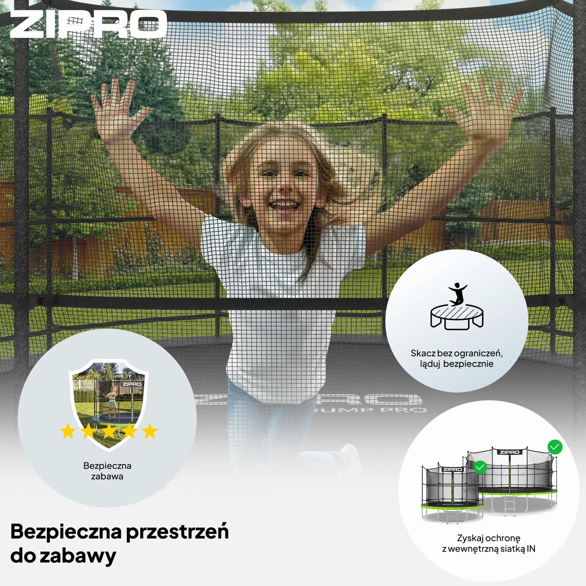 ZIPRO JumpPro IN Trampolina Ogrodowa dla Dzieci z Siatką Wewnętrzną Odporna na Warunki Ochrona UV Udźwig 100-150 kg Ø 435 cm