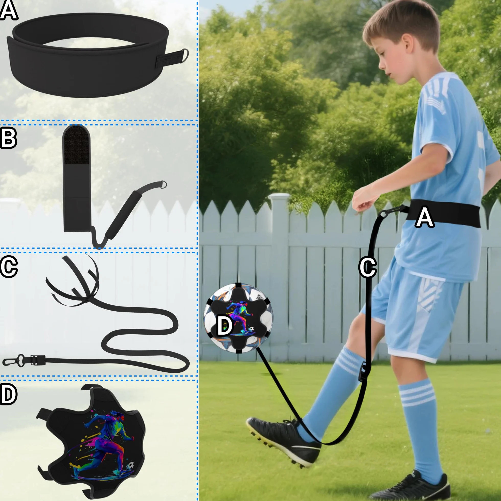 READAEER Trening kickingu 2 w 1 (piłka nożna nie wchodzi w zakres dostawy) | Solo Kick Trainer z elastyczną taśmą do regulacji długości | Solo Kicktrainer z opaską na nadgarstek