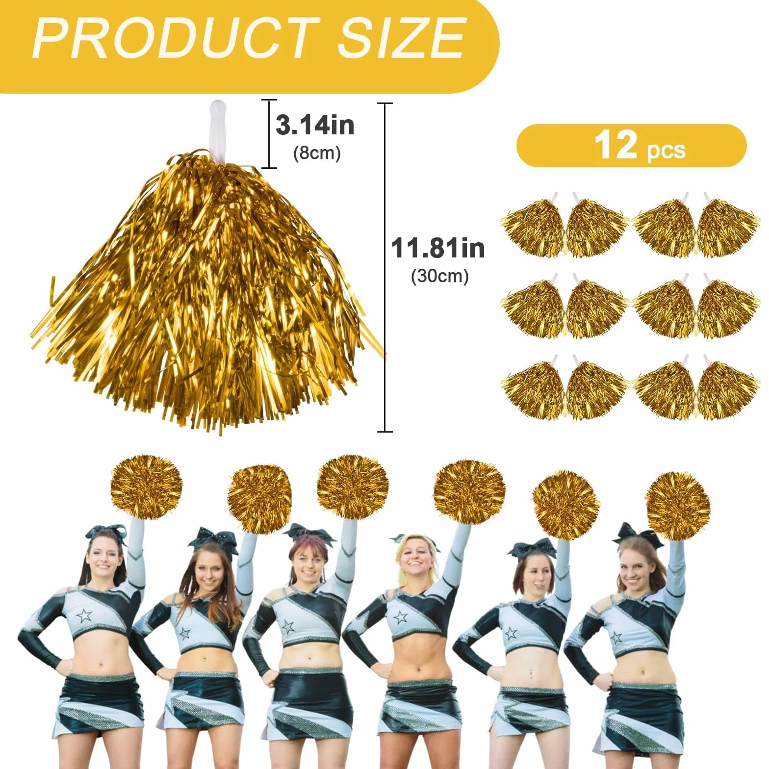 12 sztuk cheerleaderek, pompompon dla dziewcząt, pompompon dla dziewcząt, może być używany do tańca, cheerleaderek, wielokolorowe pompki, dla dzieci i dorosłych, na imprezę kostiumową (złote)