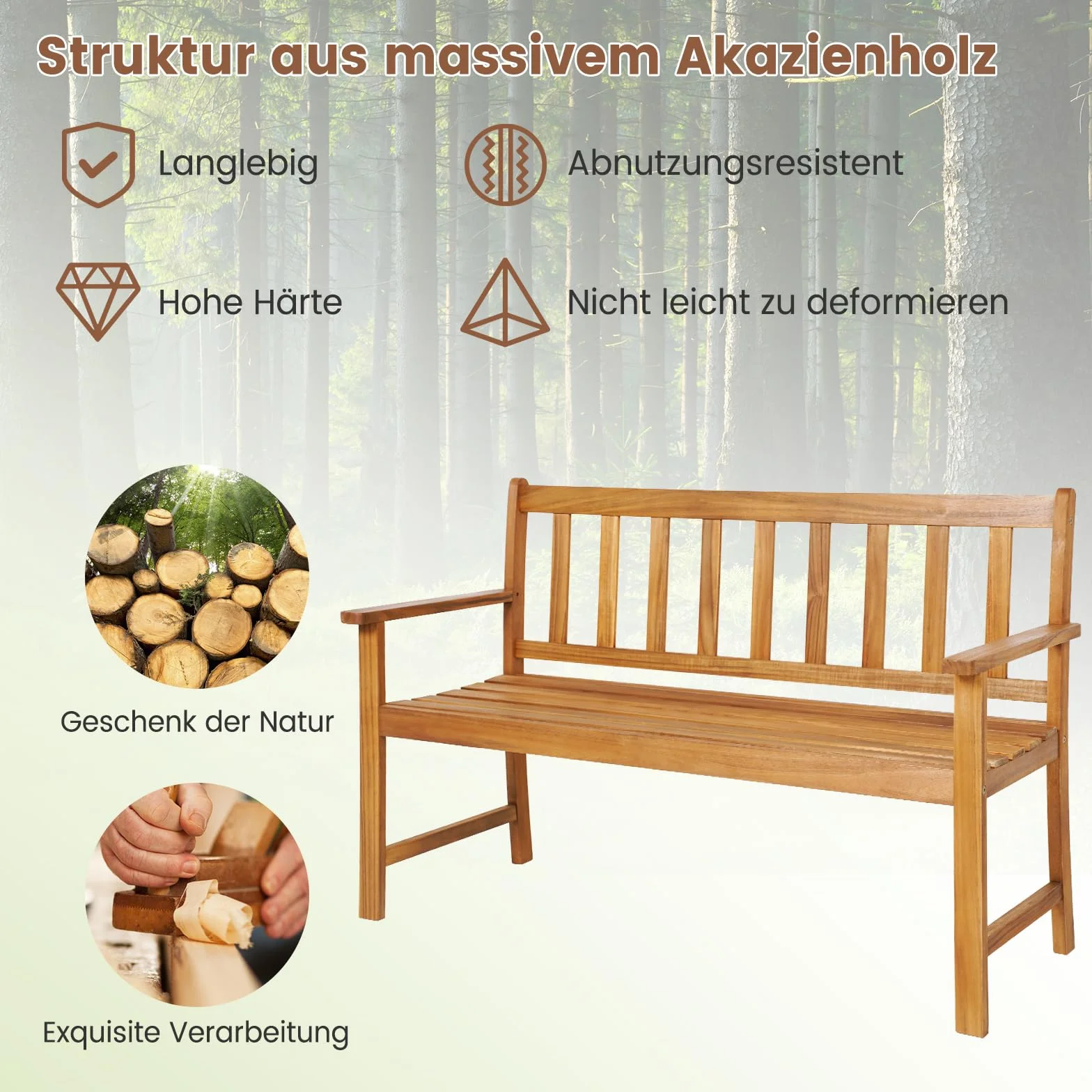 COSTWAY Ławka ogrodowa z drewna akacjowego, masywna ławka drewniana, obciążenie do 360 kg, 2-osobowa, ławka tarasowa, parkowa na taras, balkon, do ogrodu
