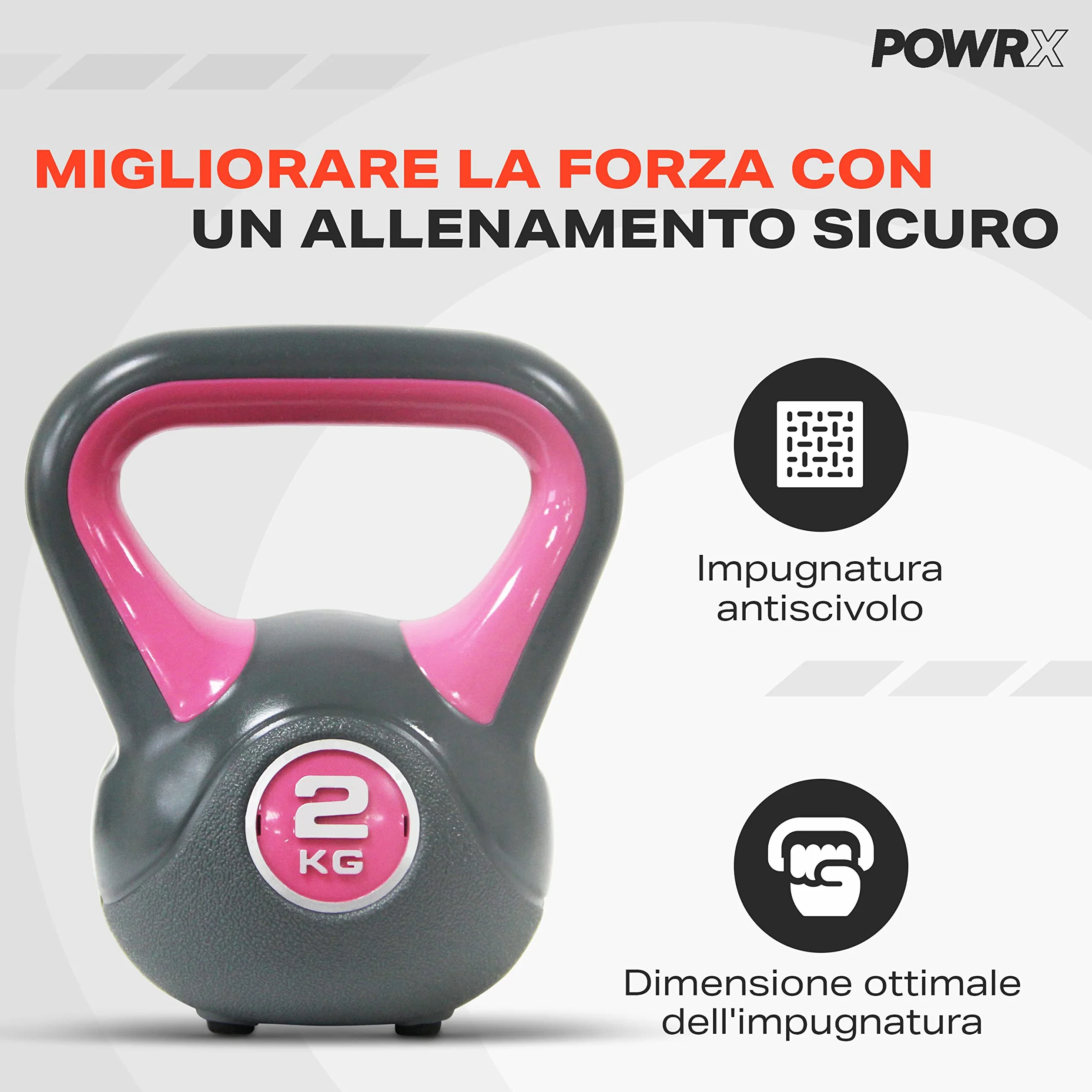 POWRX Kettlebell z tworzywa sztucznego, 2-20 kg, w zestawie z treningiem, hantle w różnych kolorach i ciężarach, hantle zamachowe chroniące podłogę (2 kg – różowe)