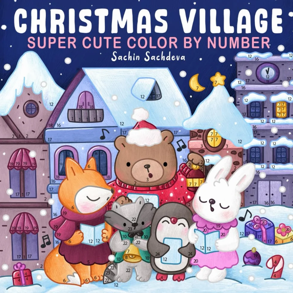 Christmas Village Color by Number: Super Cute Coloring Book for Adults and Teens featuring Adorable Animals and Cozy Holiday Designs for relaxation