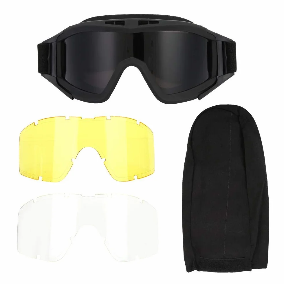Alomejor Okulary taktyczne przeciwmgielne Okulary ochronne z 3 soczewkami ochronnymi do jazdy na rowerze, paintball, taktyczne, Airsoft Ski(czarne)